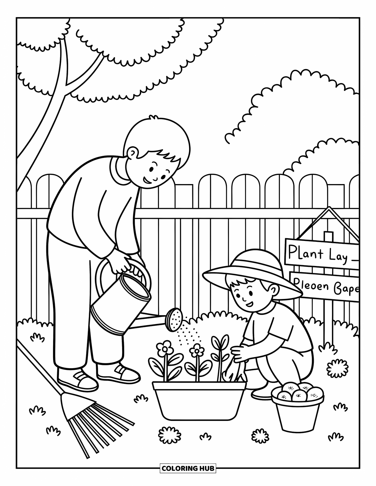 Dad Coloring Page for Adults: A father and son garden side by side under a sunny sky