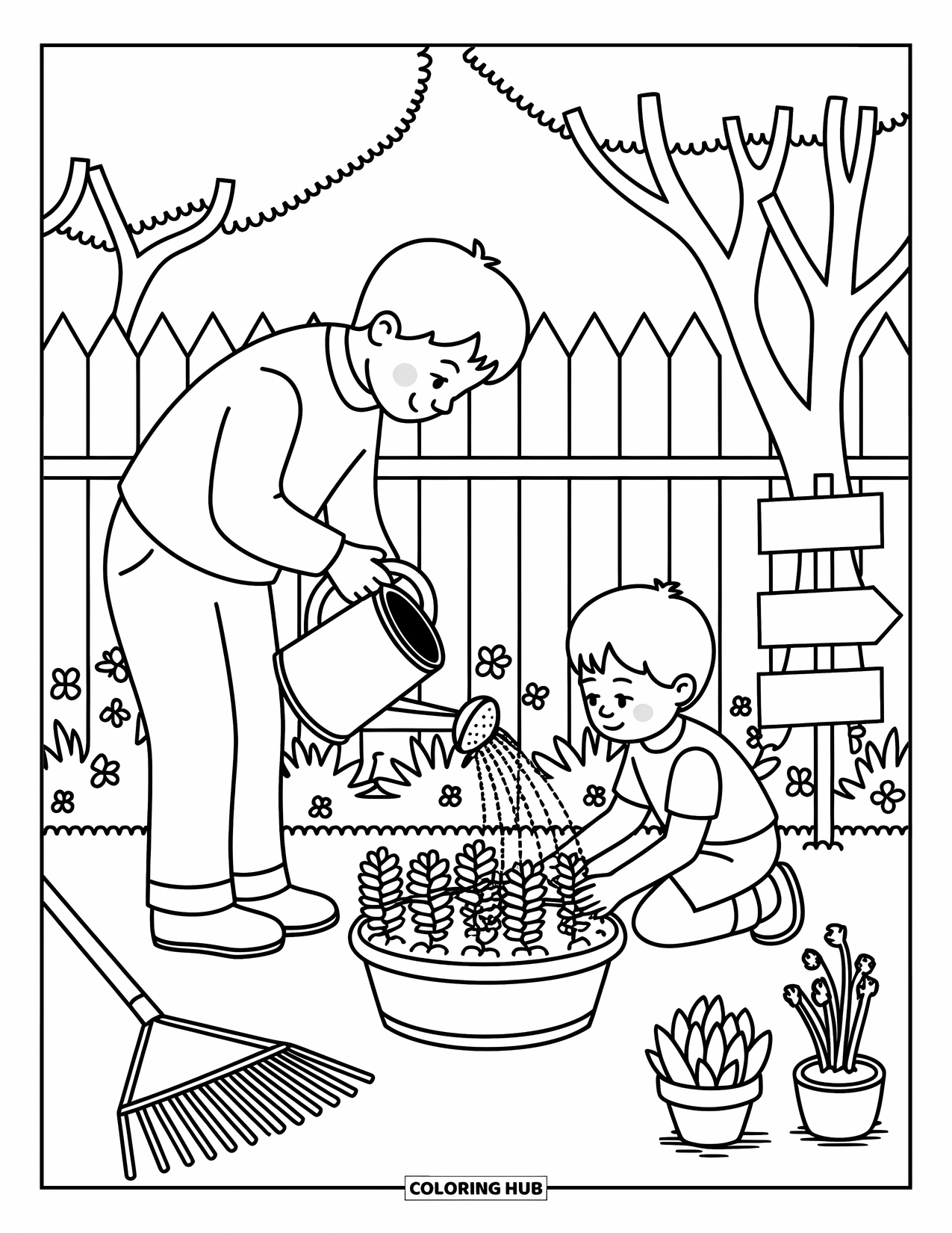 Dad Coloring Page for Adults: A father and son tend their garden filled with cute little details