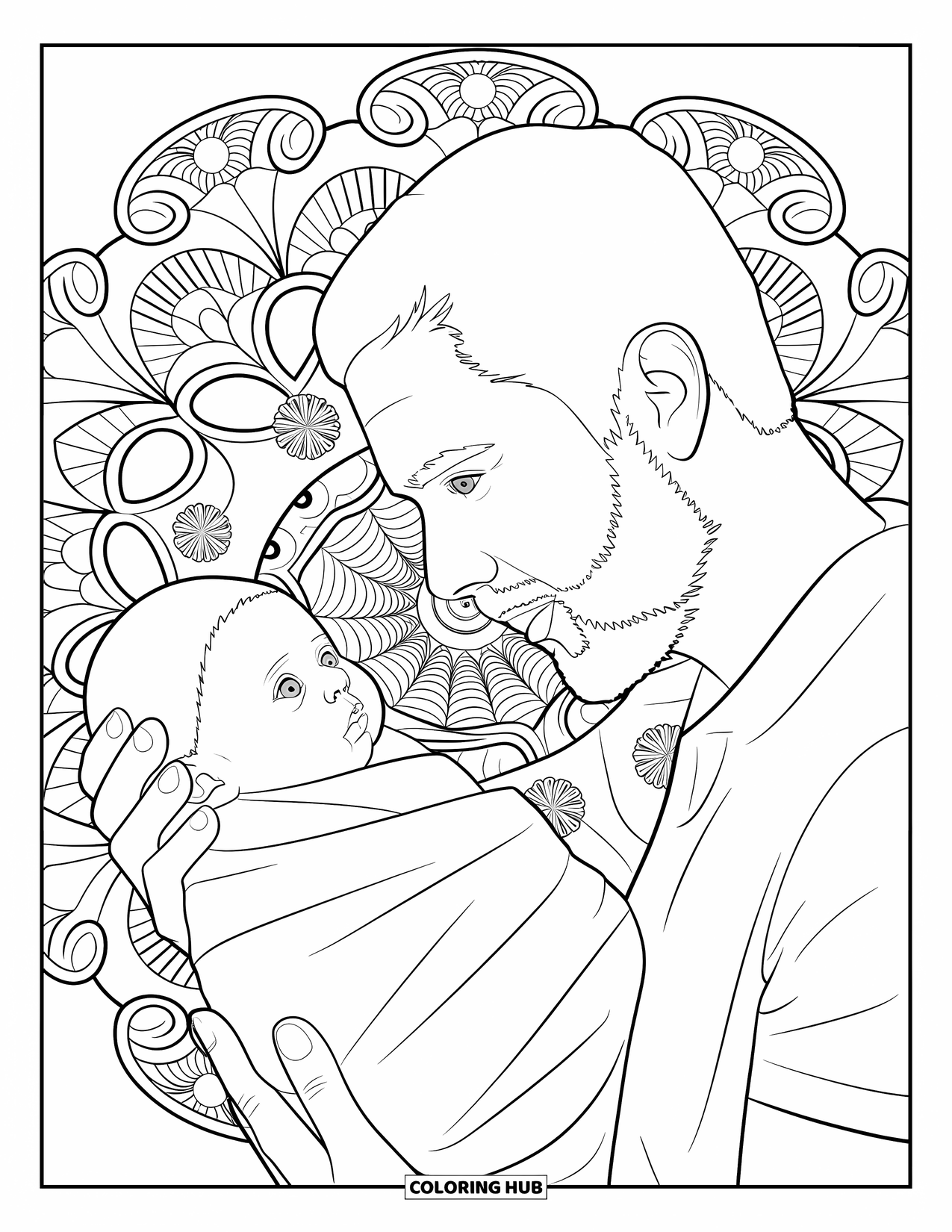 Dad Coloring Page for Adults: A father gently holds his newborn surrounded by flowers and swirling vines
