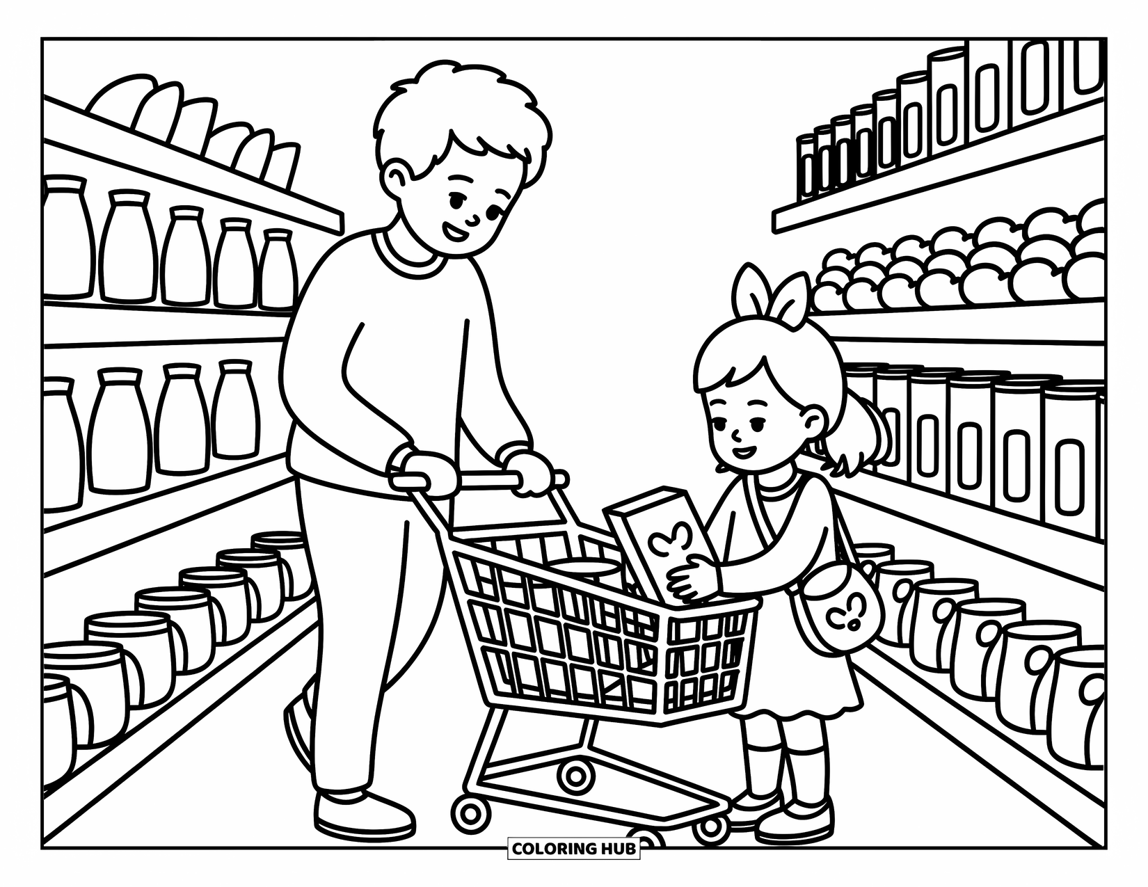 Dad Coloring Page for Adults: A father helps his daughter choose groceries in a bright, happy store
