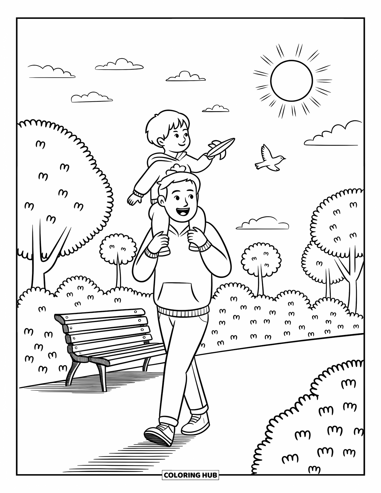 Dad Coloring Page for Adults: A father walks with his son on his shoulders holding a toy airplane