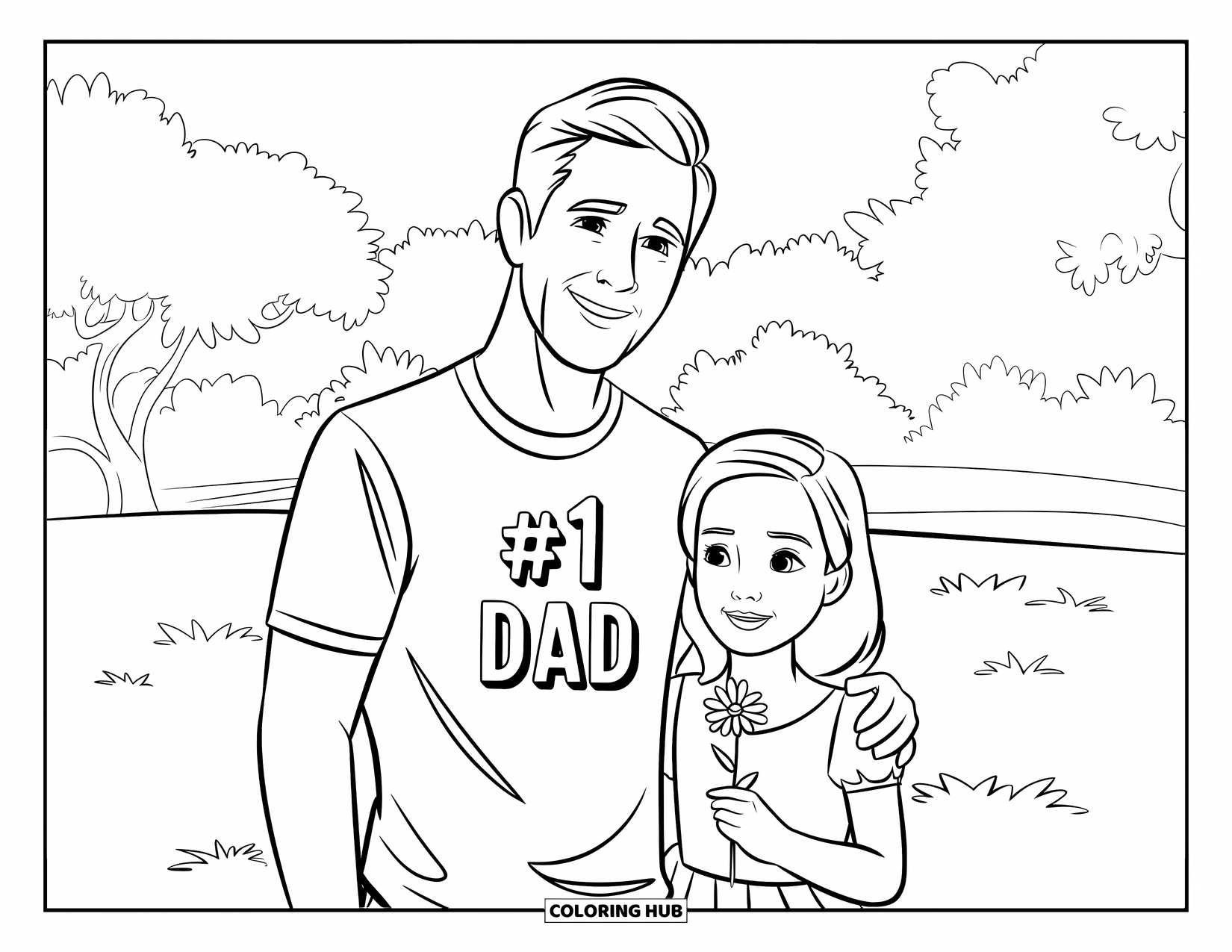 Dad Coloring Page for Kids: A cheerful father and daughter stand together in a sunny field