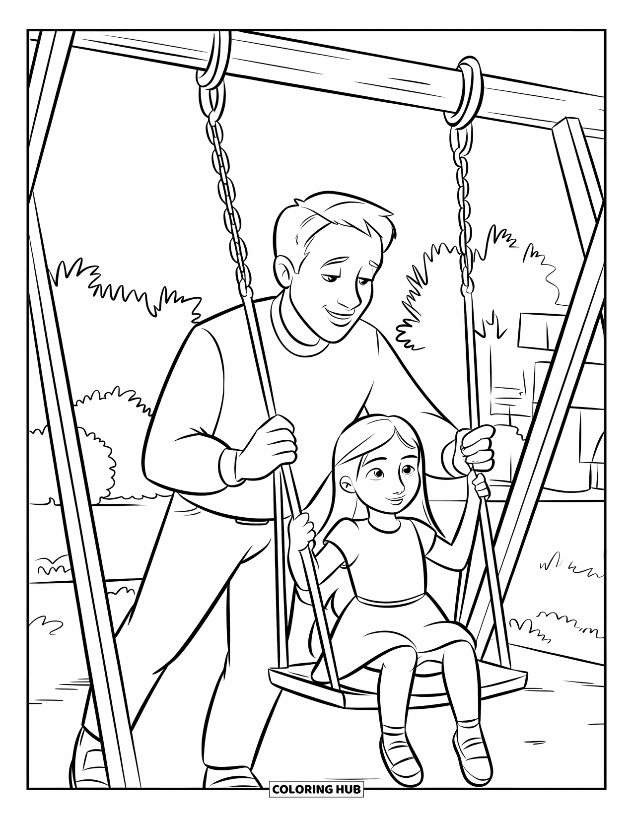 Dad Coloring Page for Kids: A dad and daughter share laughter as she swings in the park