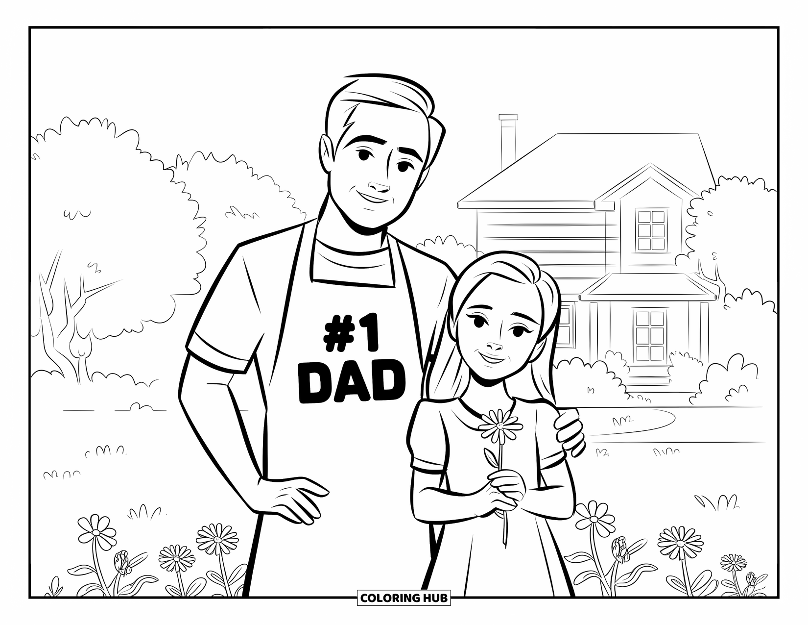 Dad Coloring Page for Kids: A dad and daughter smile warmly together in a flower-filled garden