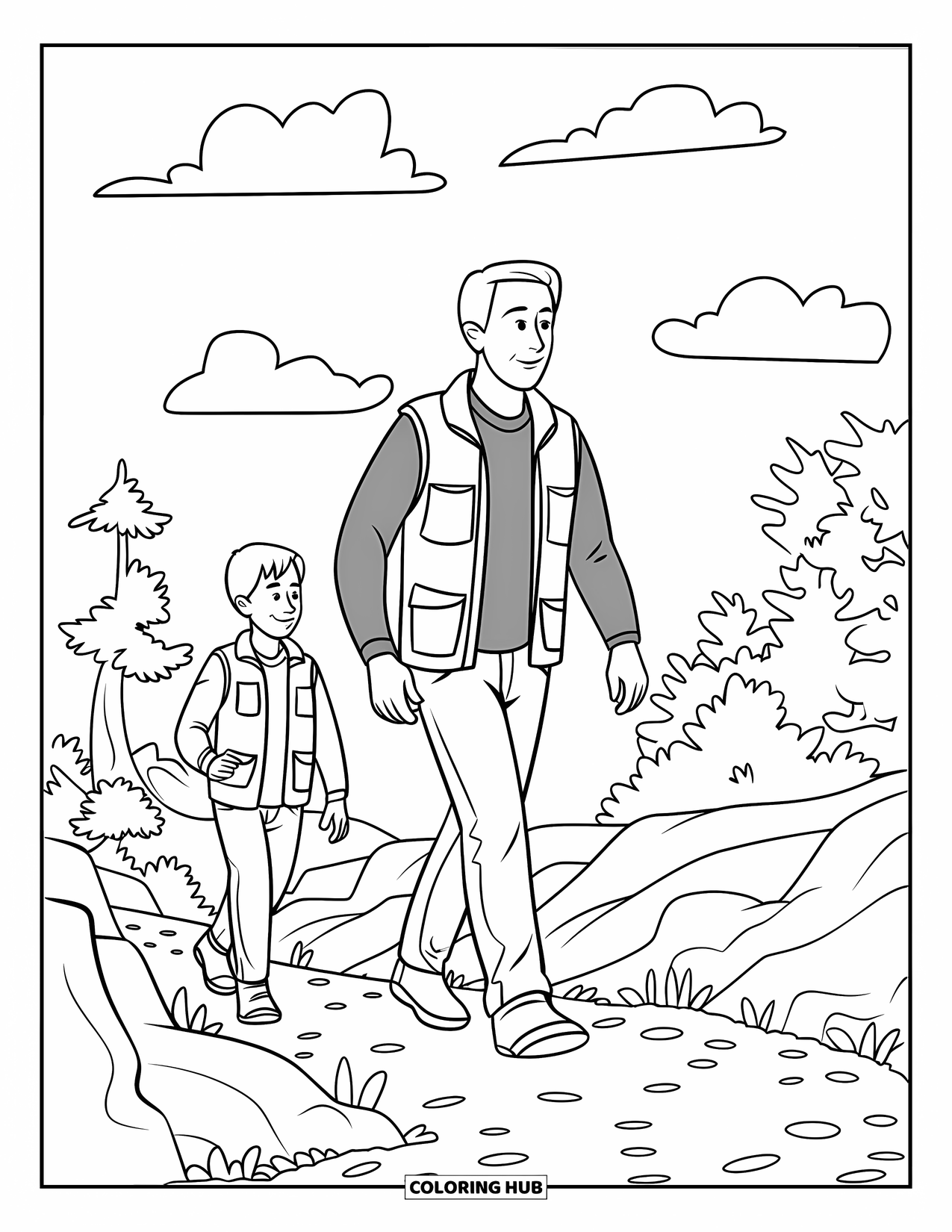 Dad Coloring Page for Kids: A dad and his teen son walk a forest trail under the open sky