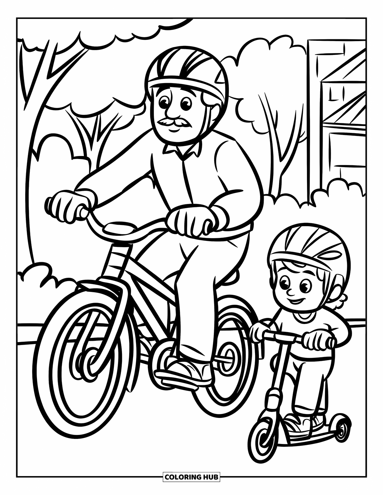 Dad Coloring Page for Kids: A dad bikes happily while his son follows close behind on a scooter