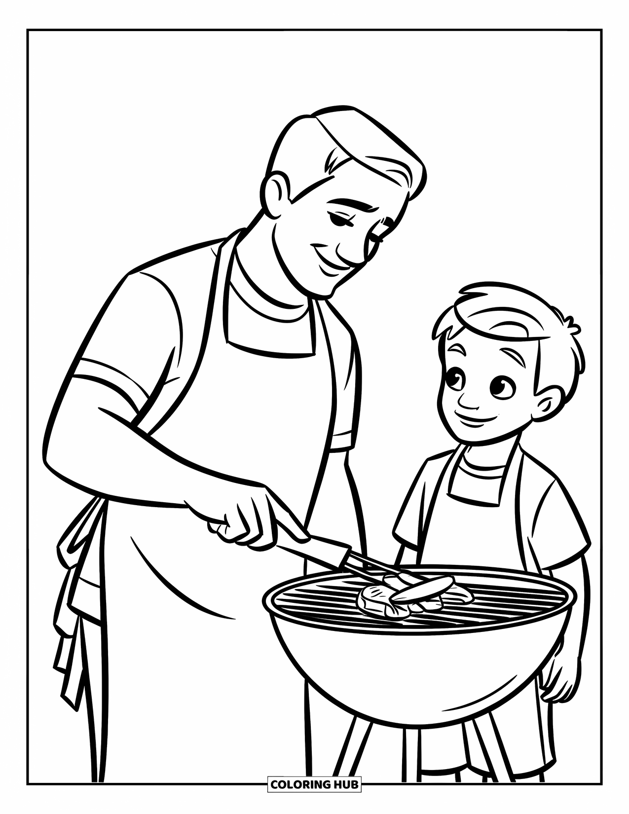 Dad Coloring Page for Kids: A dad cooks at a barbecue grill while his son watches eagerly