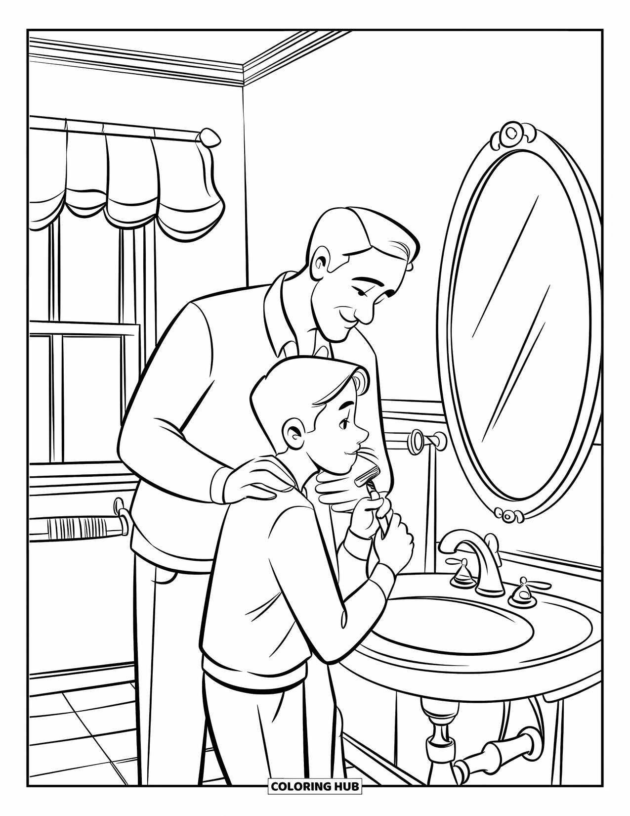 Dad Coloring Page for Kids: A dad guides his teen son through his first shaving lesson