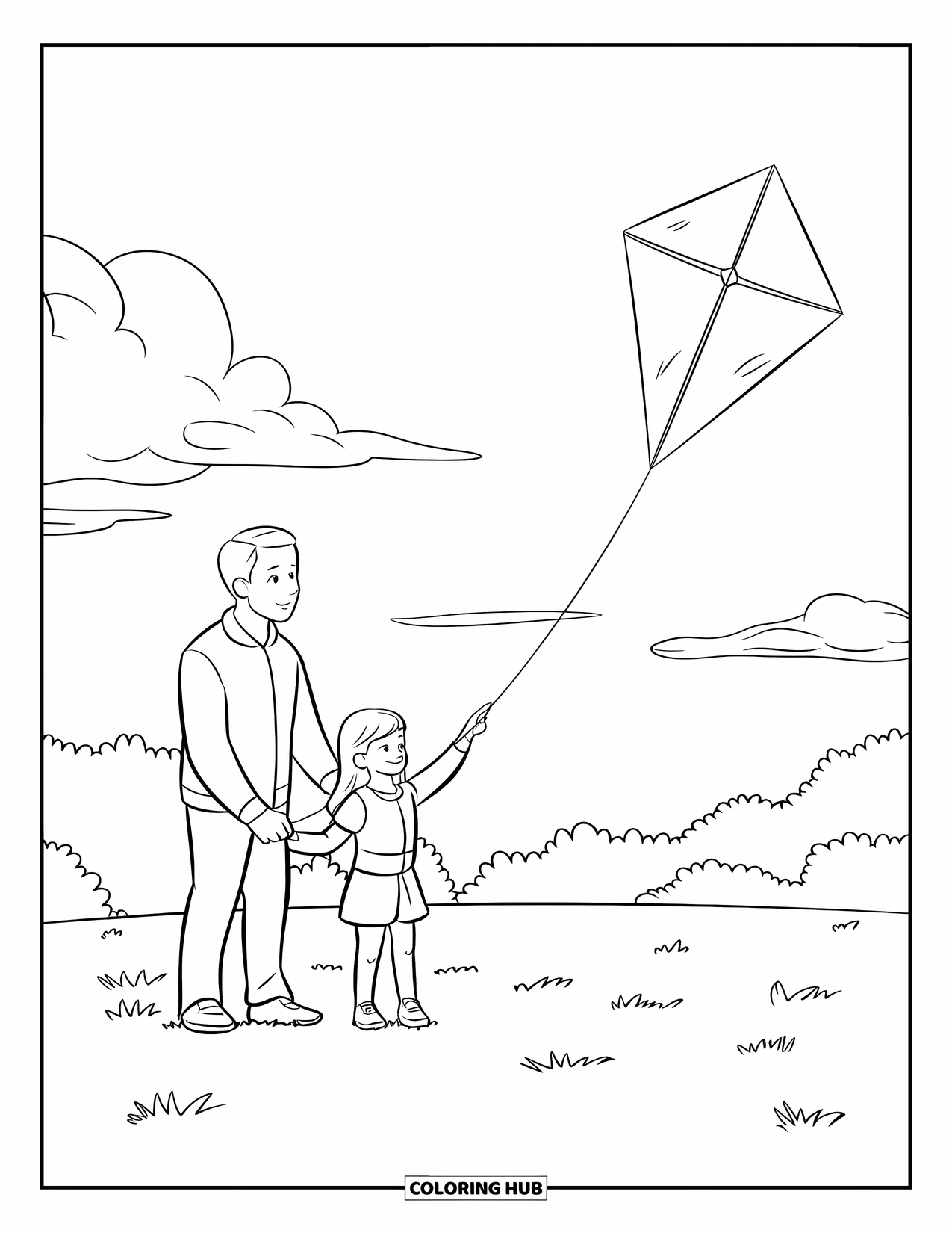 Dad Coloring Page for Kids: A dad helps his daughter fly a kite on a breezy, sunny day