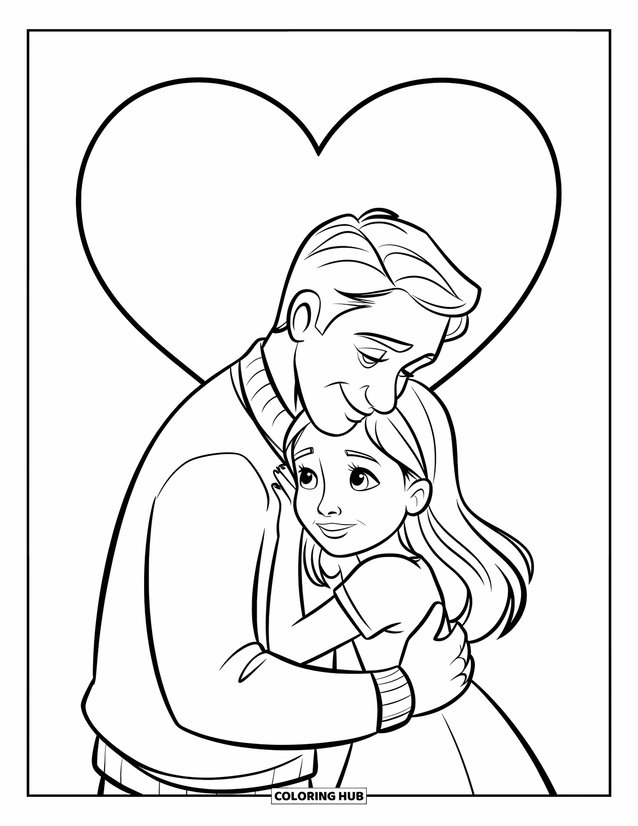Dad Coloring Page for Kids: A dad hugs his daughter lovingly beneath a large heart