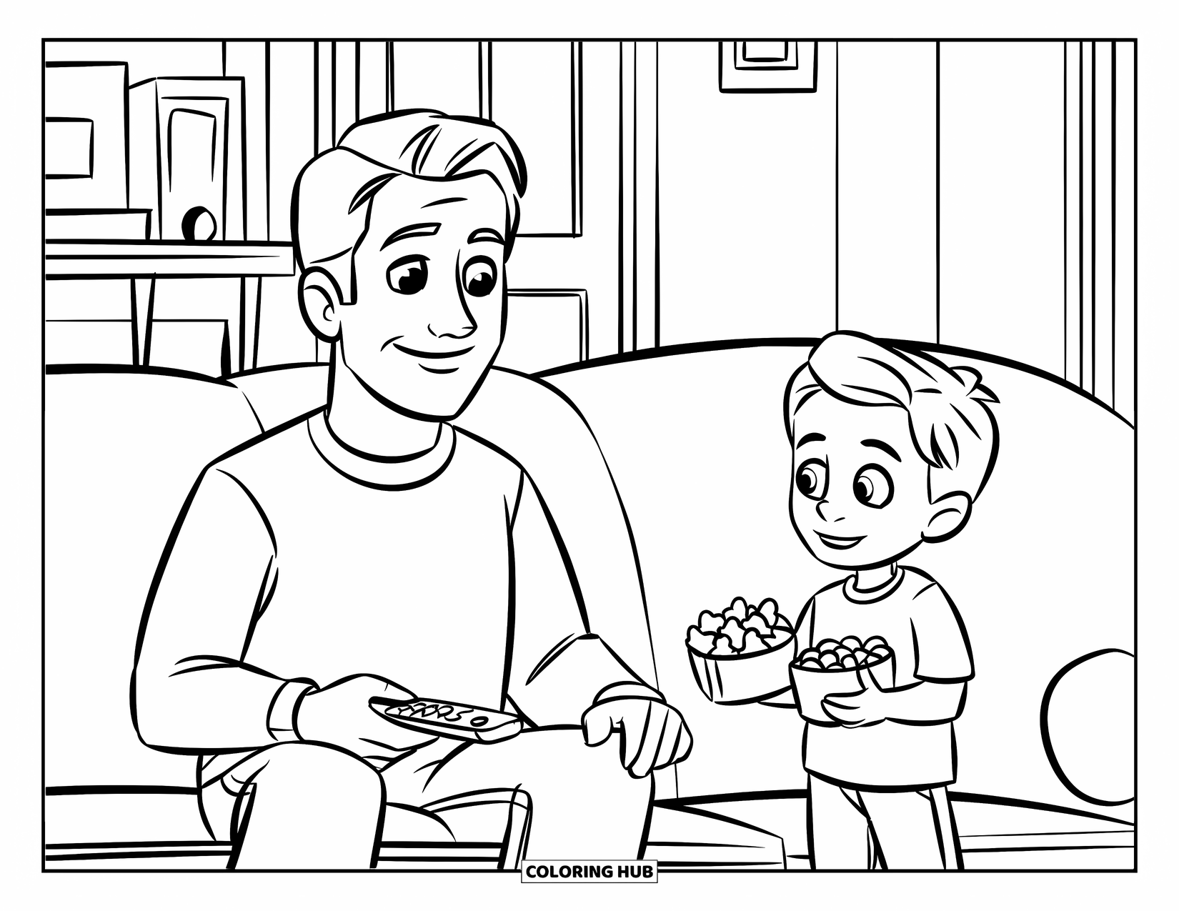 Dad Coloring Page for Kids: A dad relaxes on the couch while his son brings snacks and smiles