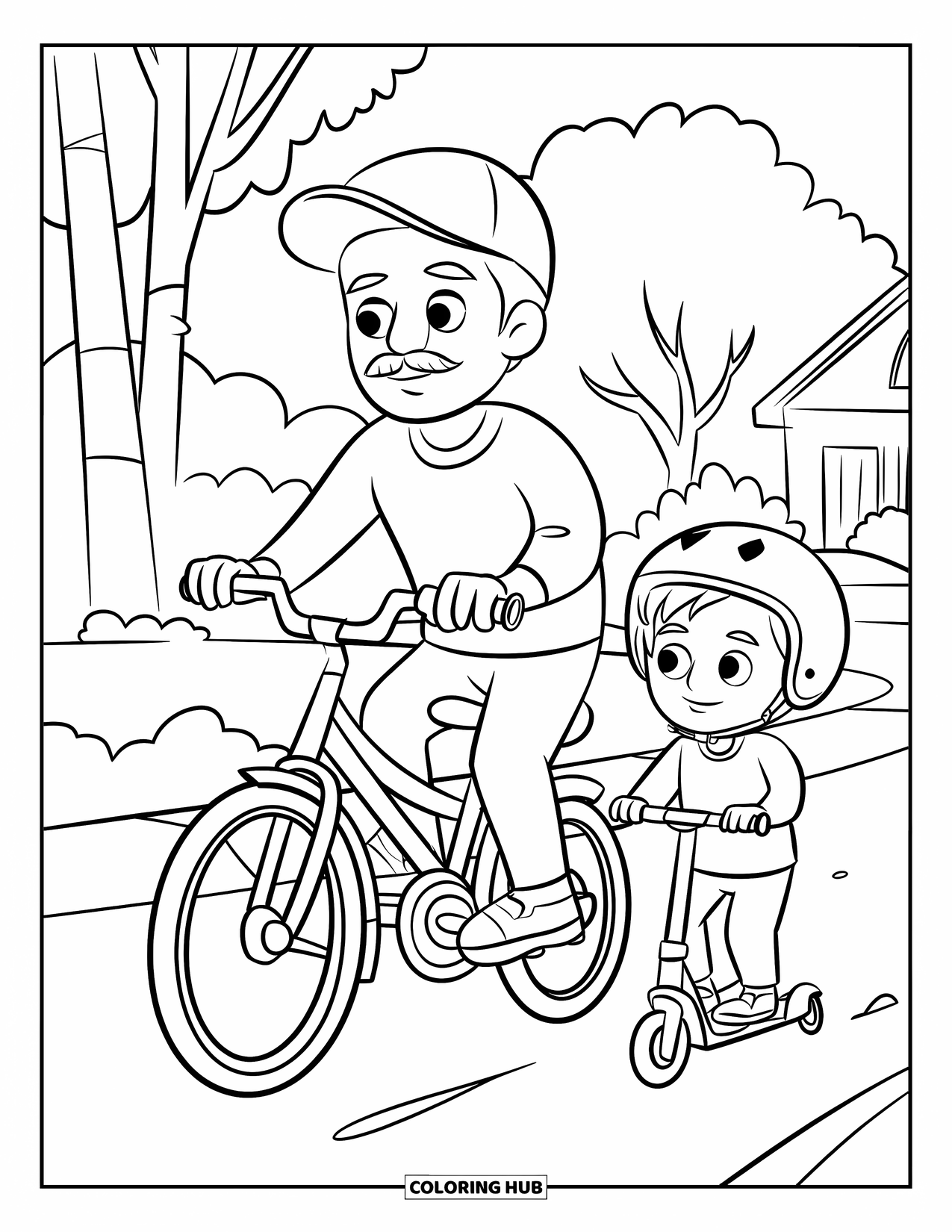 Dad Coloring Page for Kids: A dad rides his bike while his son follows behind on a scooter