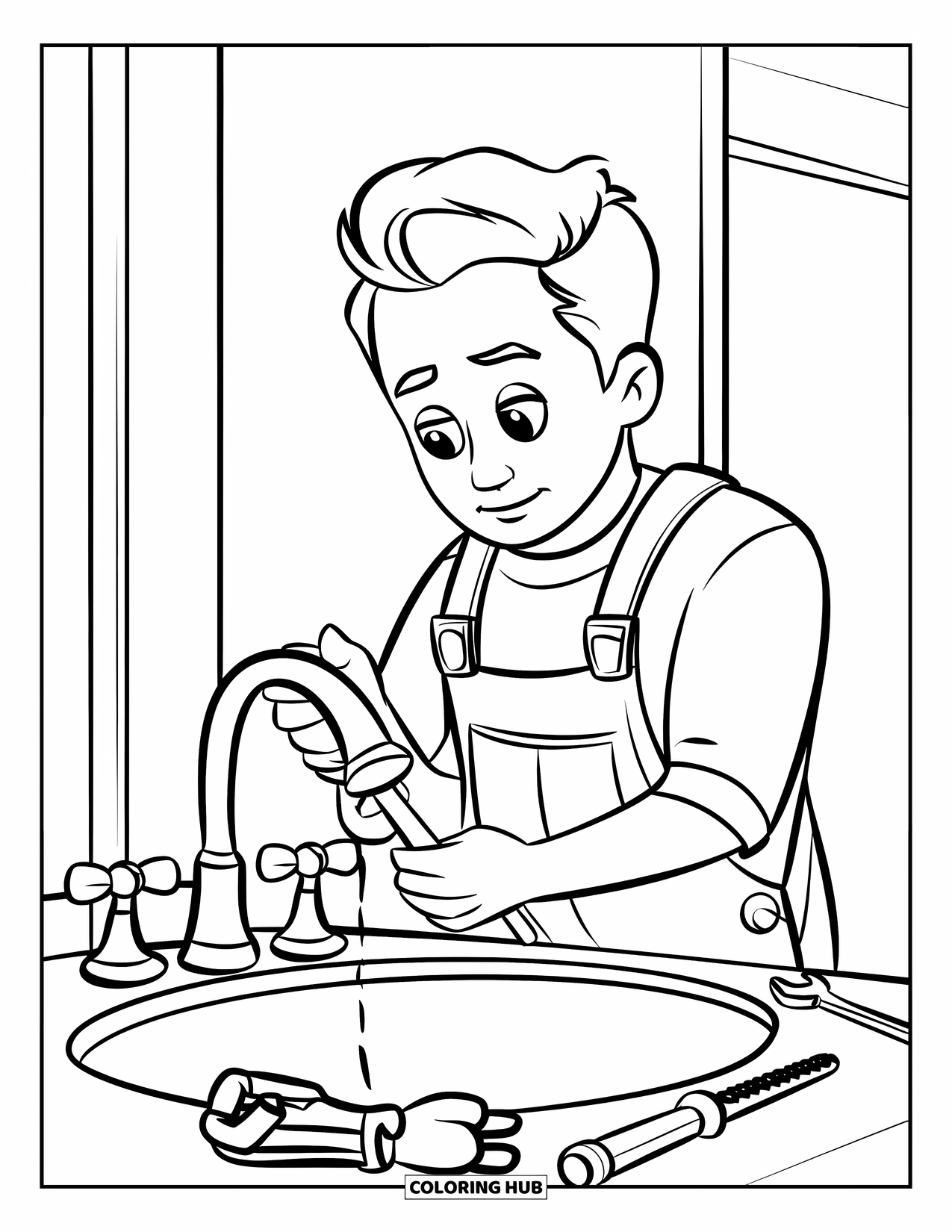 Dad Coloring Page for Kids: A dad works hard fixing the sink as tools lie nearby