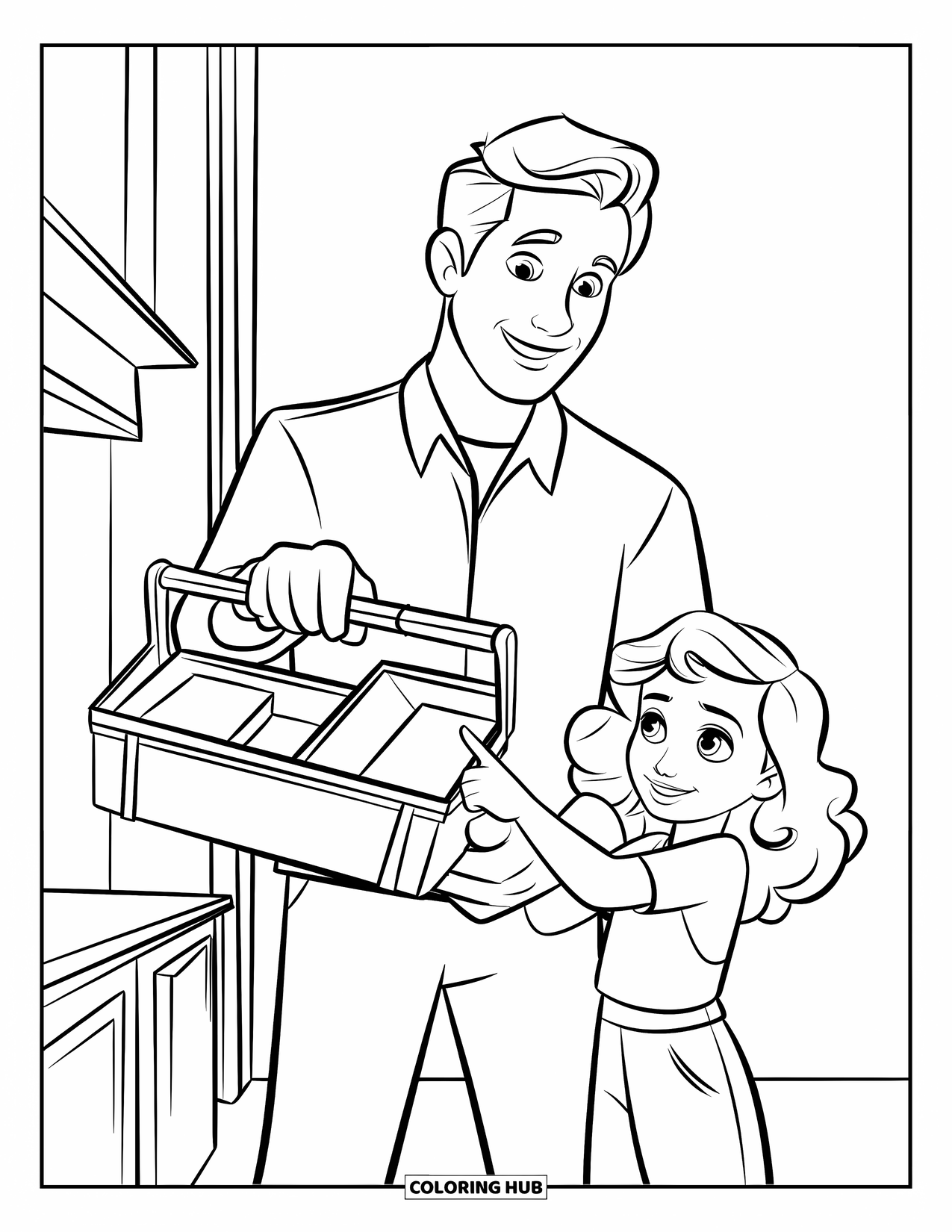 Dad Coloring Page for Kids: A father and daughter inspect a toolbox together with curious smiles