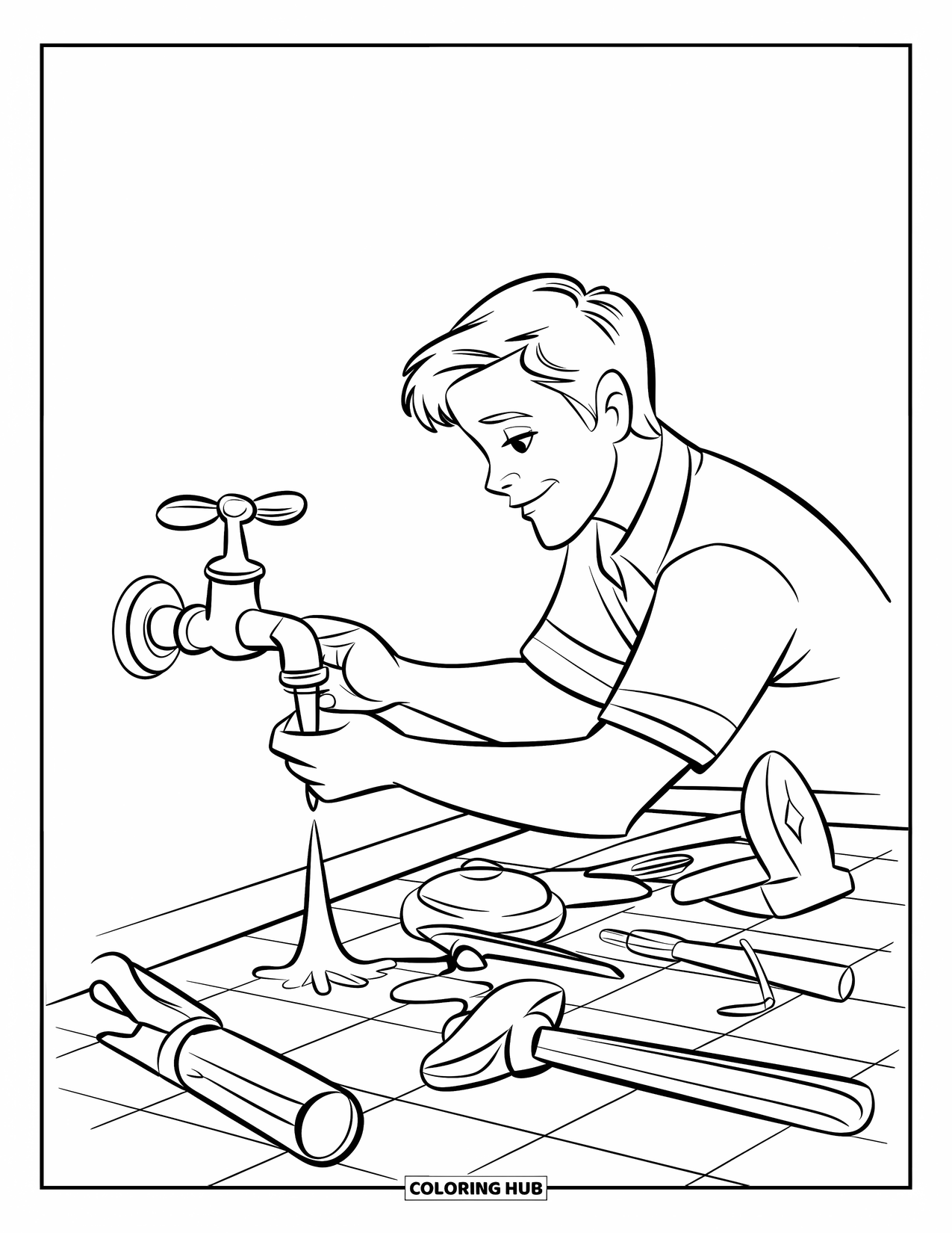 Dad Coloring Page for Kids: A father concentrates while repairing a dripping faucet at home