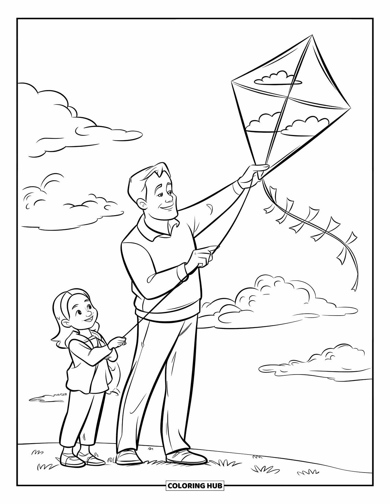 Dad Coloring Page for Kids: A father helps his little girl fly a kite under a blue sky