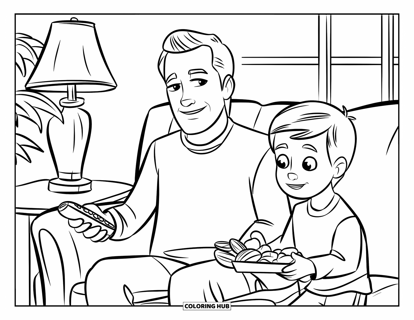 Dad Coloring Page for Kids: A father lounges happily as his son serves him snacks at home