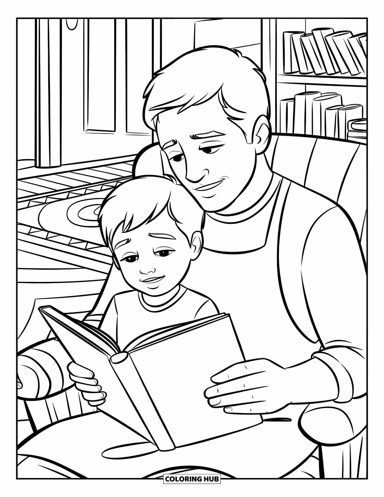 Dad Coloring Page for Kids: A father reads a book to his son in their cozy living room