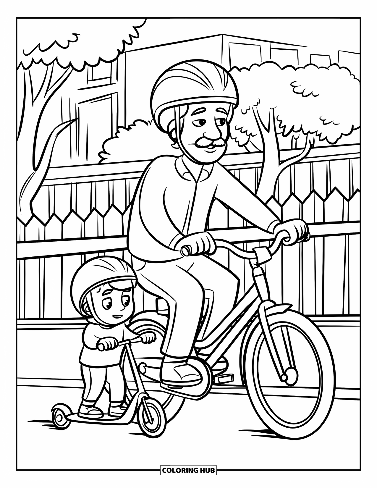 Dad Coloring Page for Kids: A father rides a bicycle with his son trailing on a scooter nearby