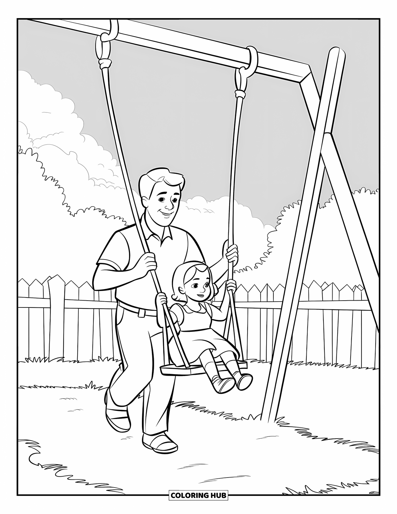Dad Coloring Page for Kids: A father smiles while pushing his daughter on the park swing