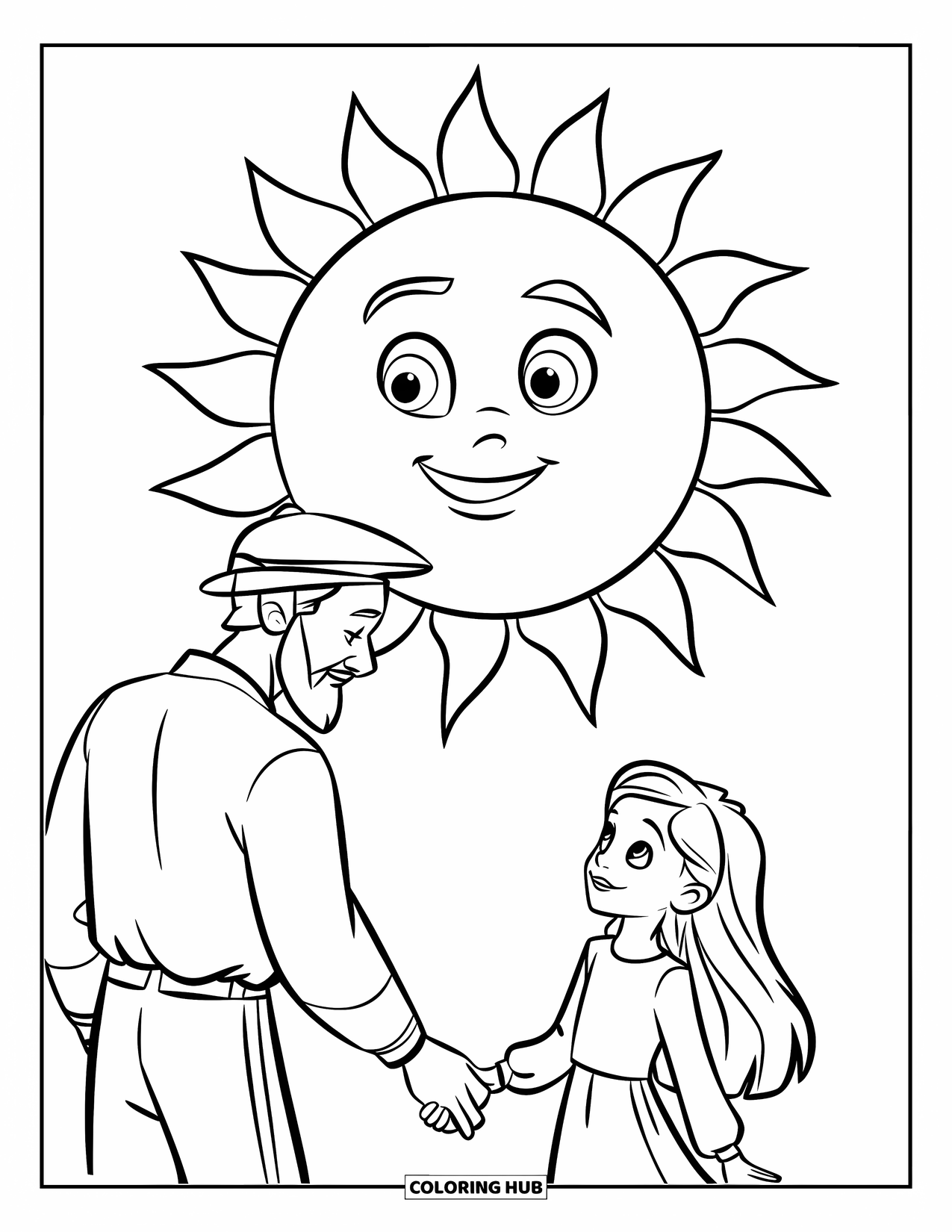 Dad Coloring Page for Kids: A father walks hand in hand with his little girl beneath the sun