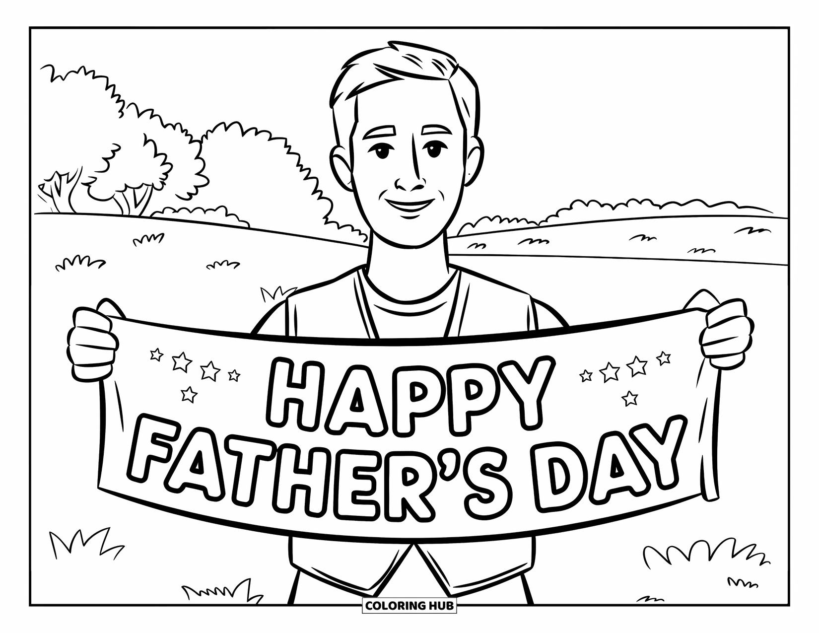 Dad Coloring Page for Kids: A happy dad holds a banner that reads ìHappy Fatherís Day.î