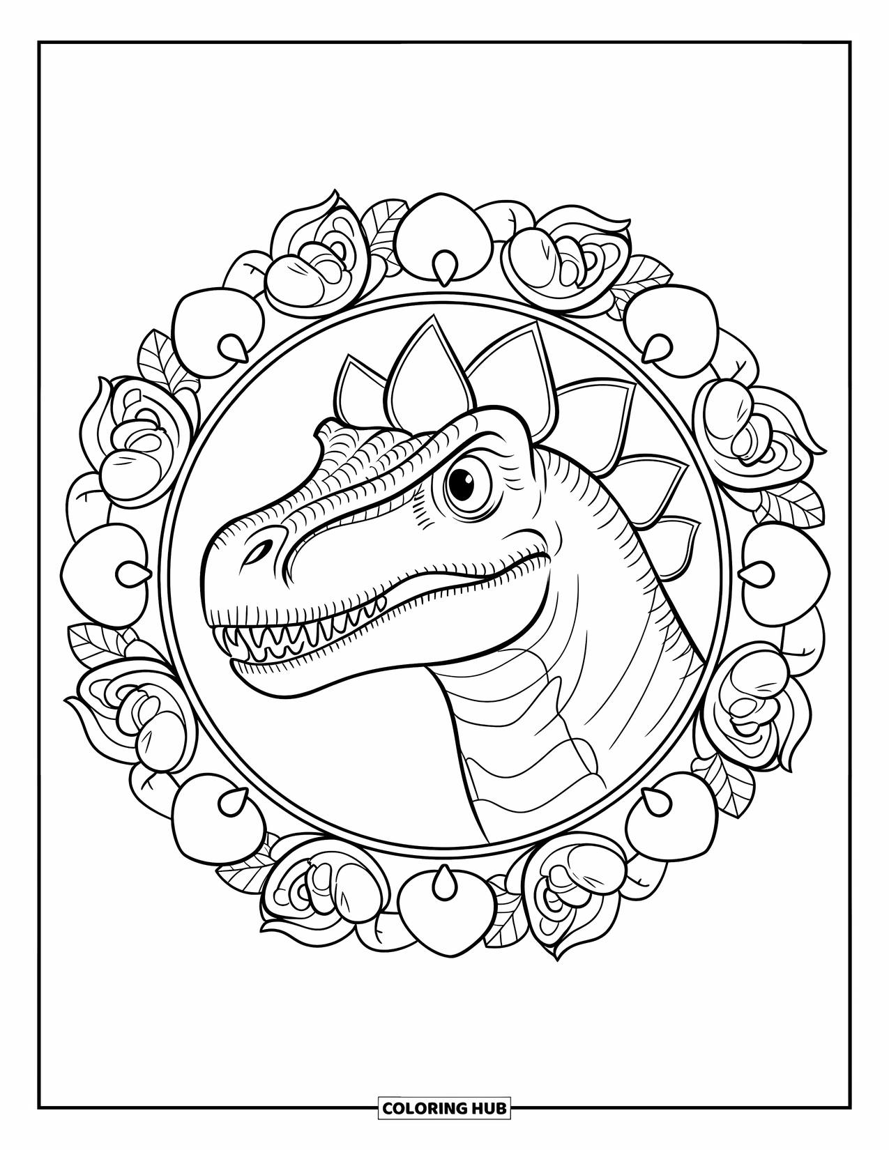Dinosaur Valentines Coloring Page for Adults: A cheerful Stegosaurus framed by hearts, leaves, and rose mandalas