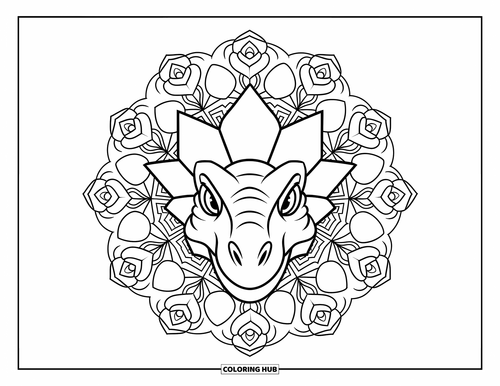 Dinosaur Valentines Coloring Page for Adults: A detailed Stegosaurus encircled by lace-like roses and Valentine hearts