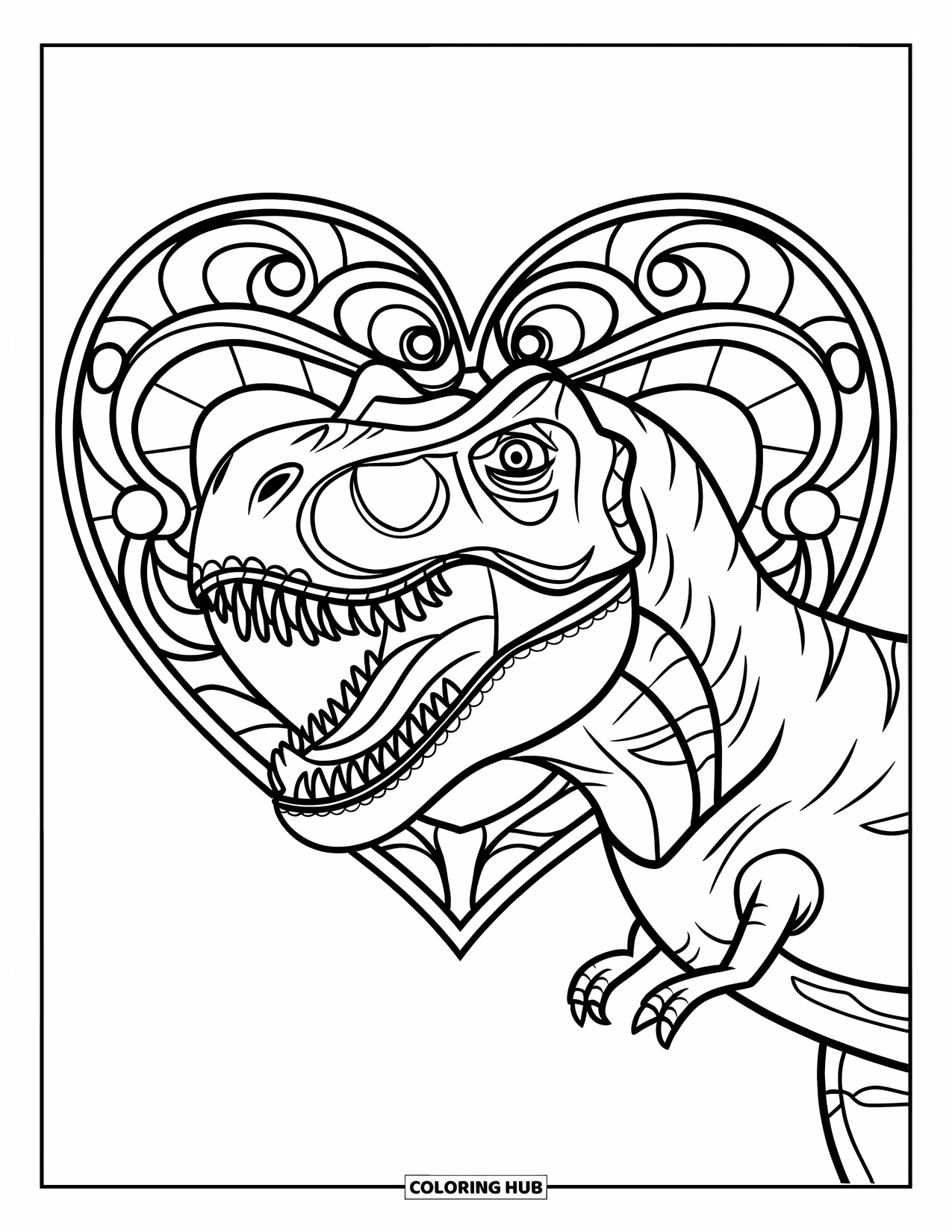 Dinosaur Valentines Coloring Page for Adults: A fierce T-Rex within a Valentine heart mandala of stained glass