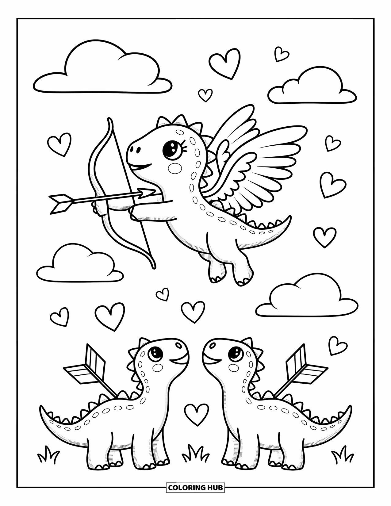Dinosaur Valentines Coloring Page for Adults: A flying dino cupid aims a heart arrow at surprised dinosaurs below