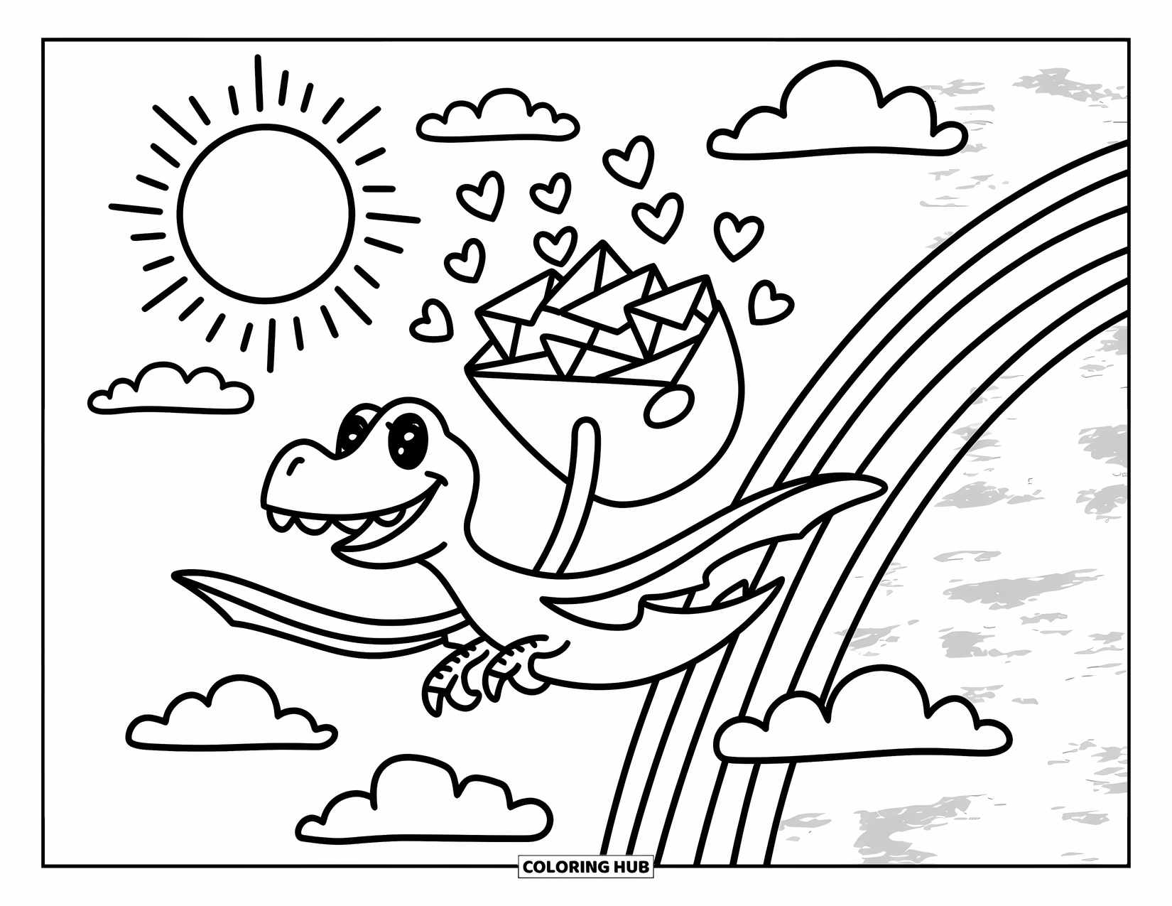 Dinosaur Valentines Coloring Page for Adults: A flying dino delivers Valentine envelopes across a dreamy rainbow sky