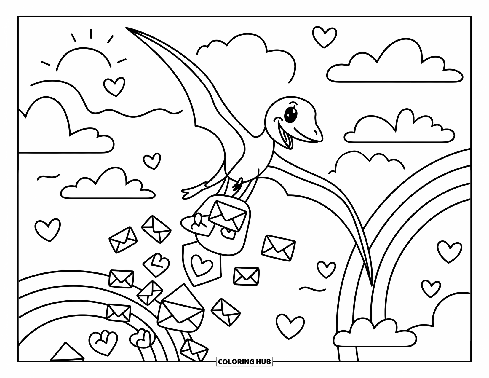 Dinosaur Valentines Coloring Page for Adults: A flying pterodactyl delivers Valentine letters through clouds and rainbows
