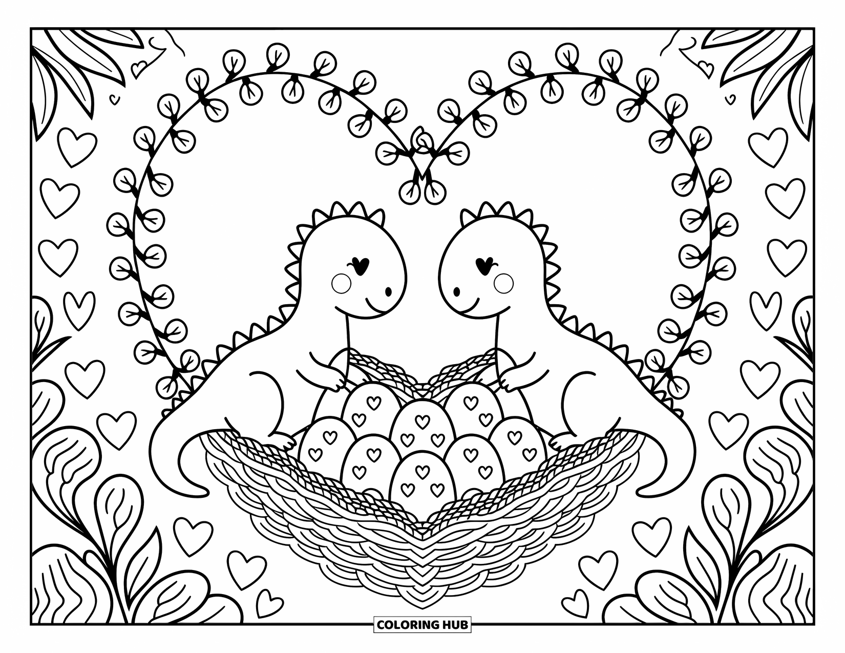 Dinosaur Valentines Coloring Page for Adults: A loving dino couple watches over their heart-patterned eggs in a cozy jungle