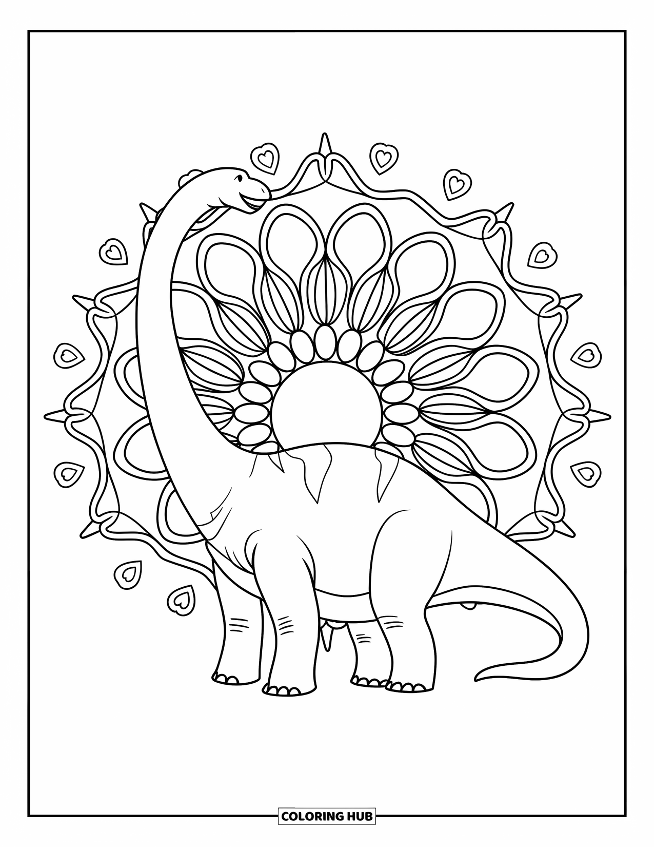 Dinosaur Valentines Coloring Page for Adults: A peaceful Brachiosaurus stands at the heart of a swirling mandala