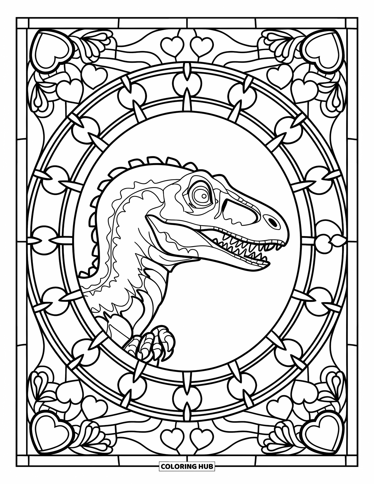 Dinosaur Valentines Coloring Page for Adults: A Raptor face framed by symmetrical hearts in a glass-like border