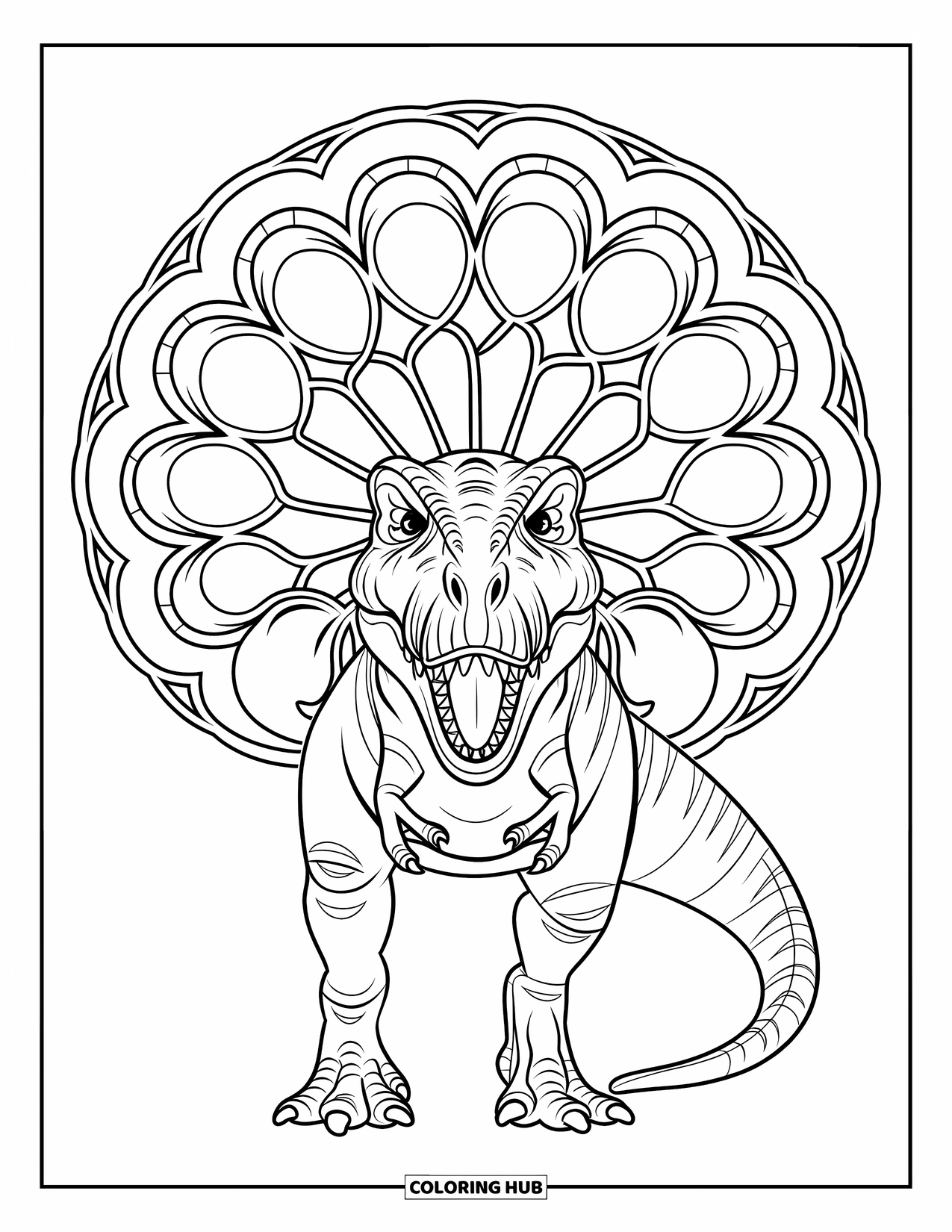Dinosaur Valentines Coloring Page for Adults: A roaring T-Rex beneath a halo of heart vines and fine linework