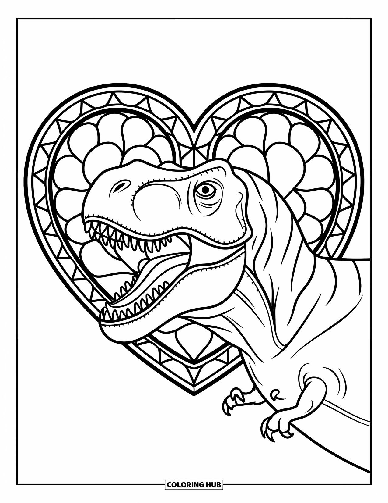 Dinosaur Valentines Coloring Page for Adults: A roaring T-Rex surrounded by a stained glass heart halo
