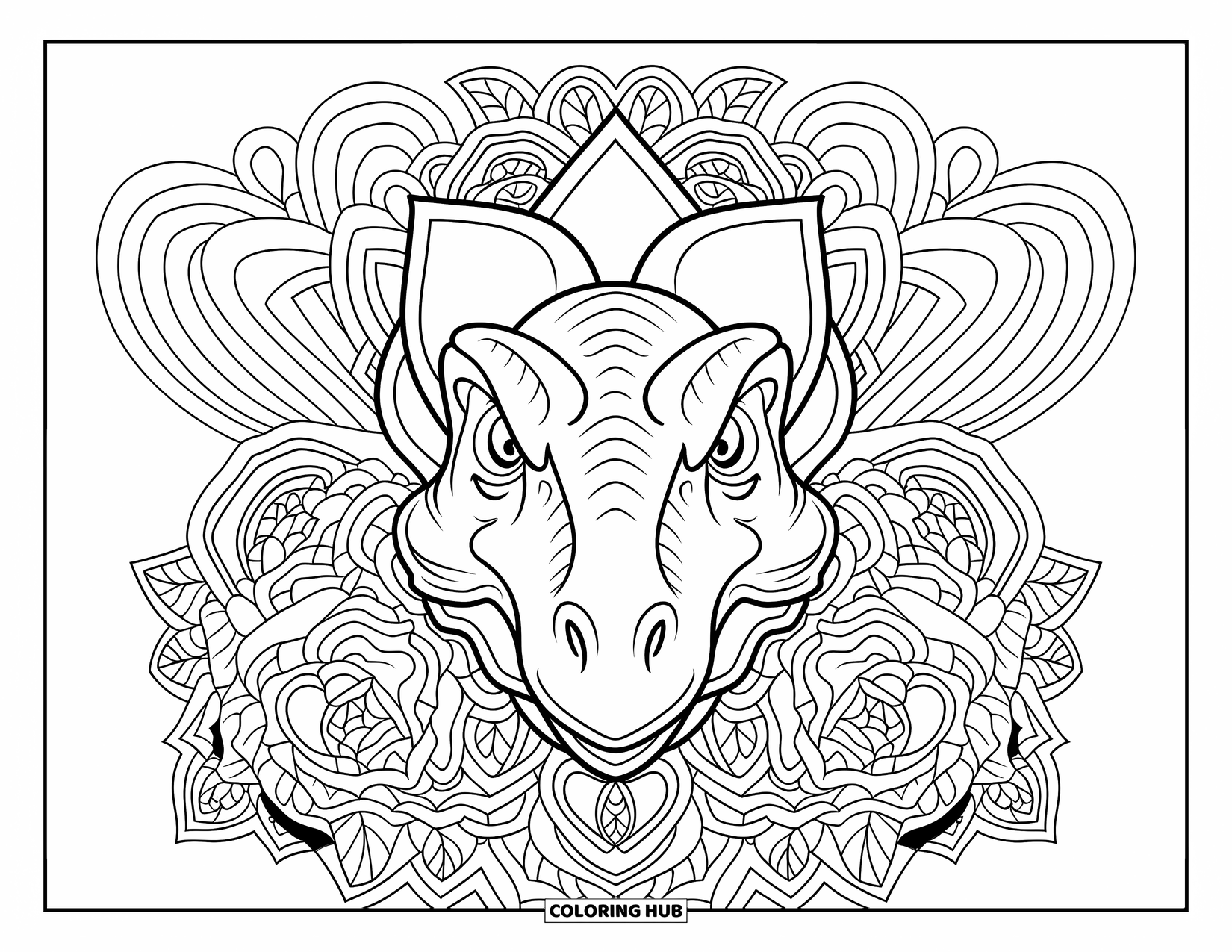 Dinosaur Valentines Coloring Page for Adults: A Stegosaurus framed by roses and heart mandalas for coloring fun