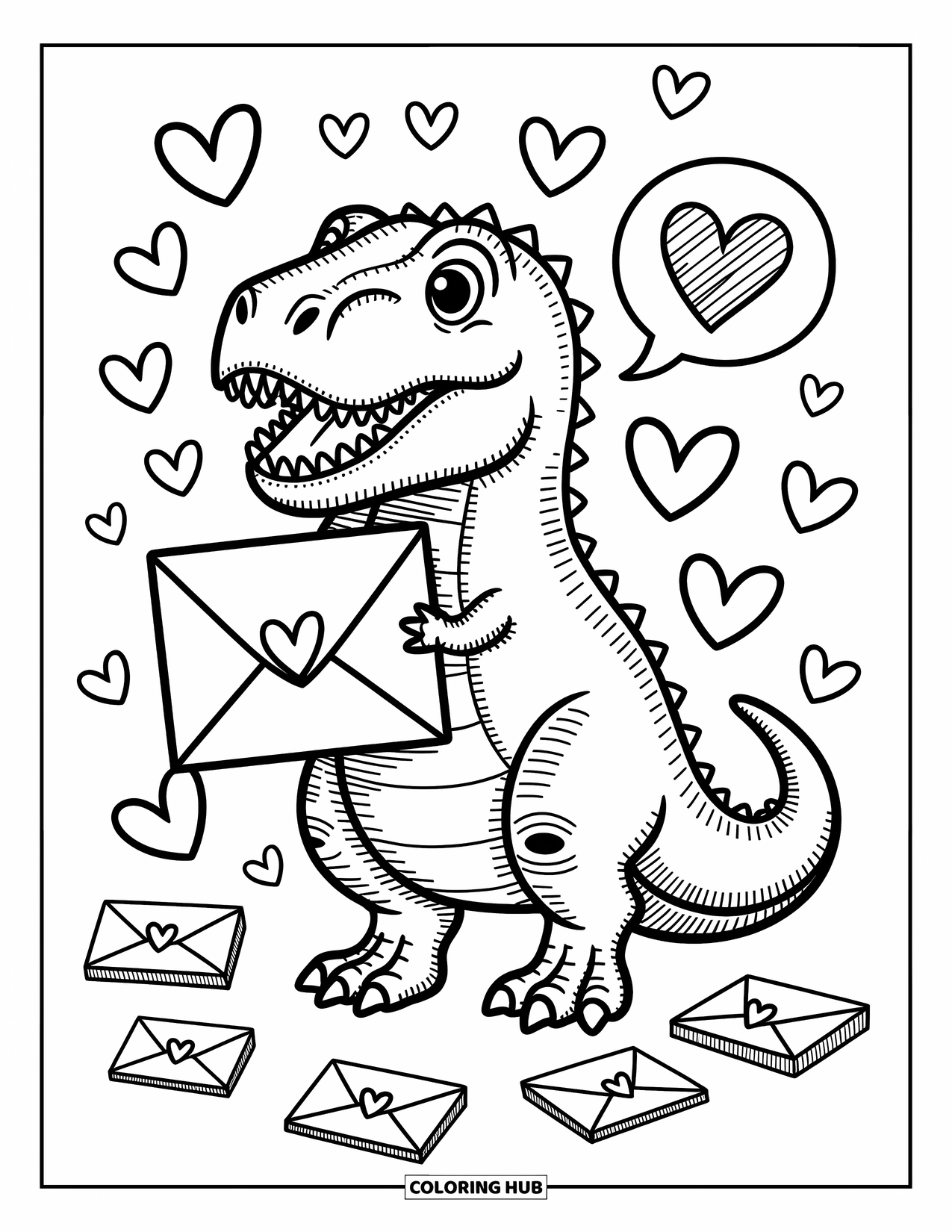 Dinosaur Valentines Coloring Page for Adults: A T-Rex holds a giant Valentine envelope surrounded by floating hearts