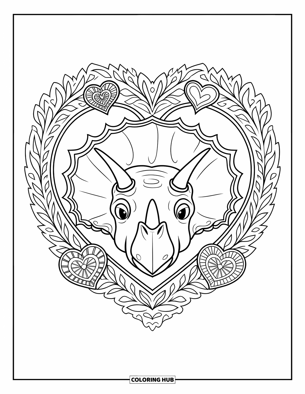 Dinosaur Valentines Coloring Page for Adults: A Triceratops face framed by botanical hearts in a Valentine mandala