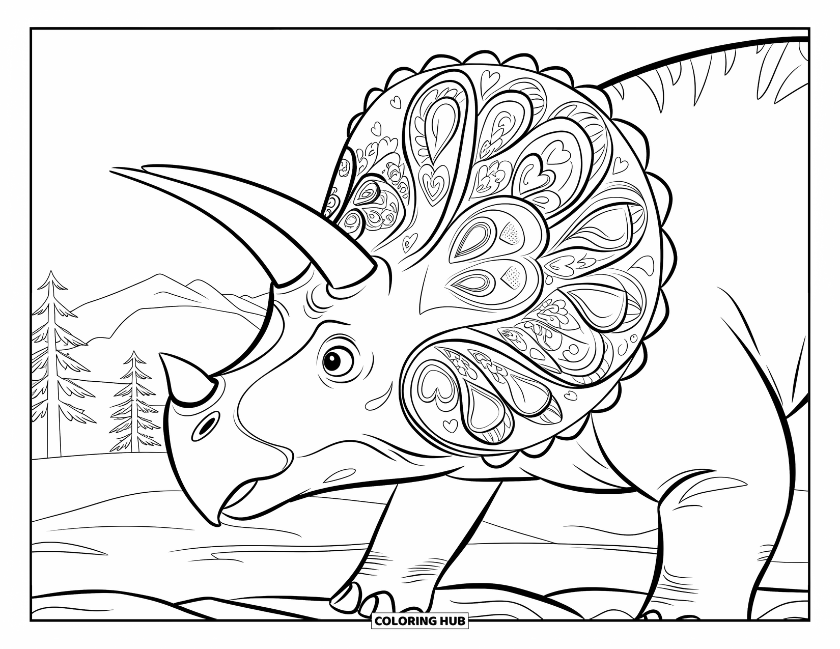Dinosaur Valentines Coloring Page for Adults: A Triceratops stands proudly as hearted vines spiral around its horns