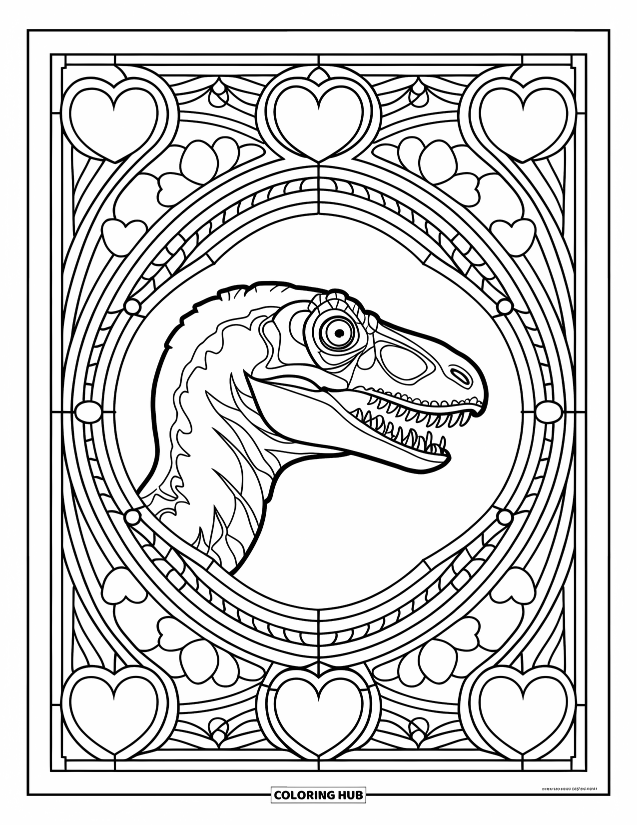Dinosaur Valentines Coloring Page for Adults: A Velociraptor outlined inside a stained glass pattern of hearts
