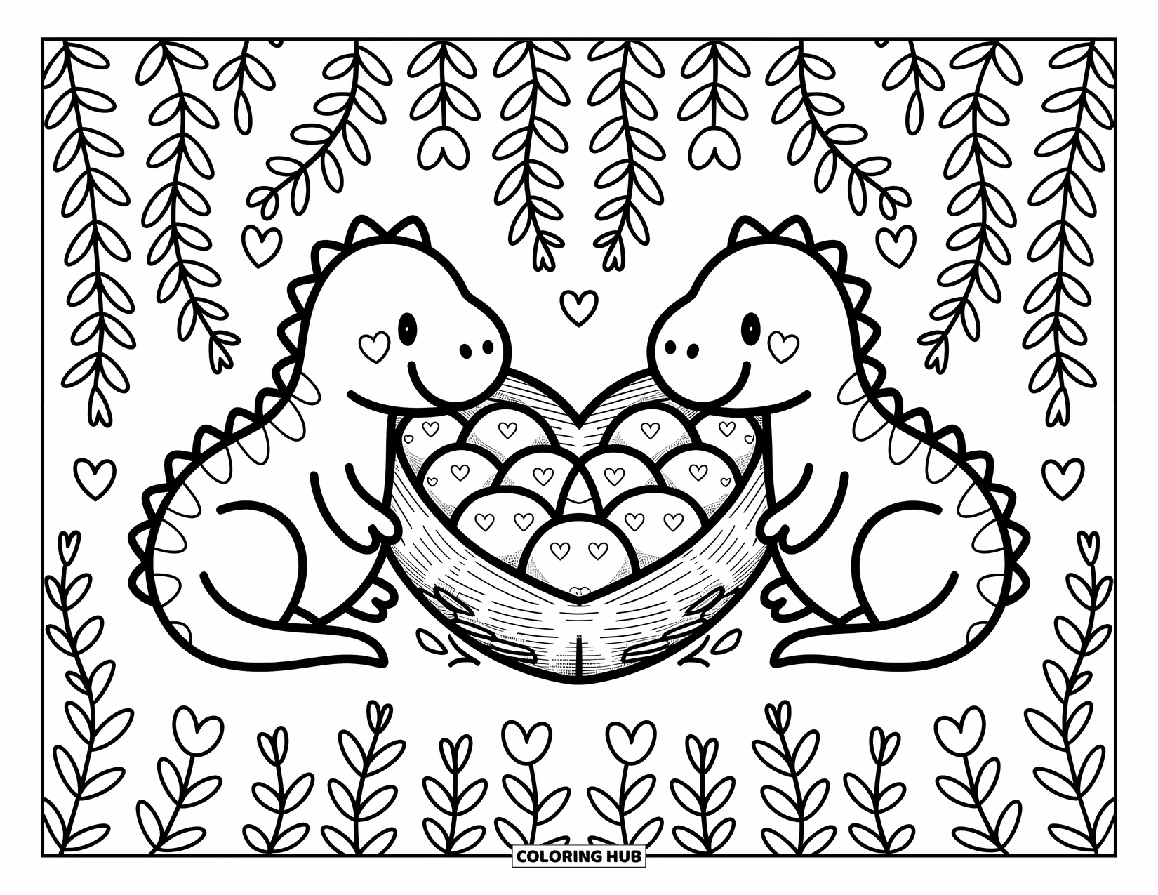 Dinosaur Valentines Coloring Page for Adults: Two dinosaurs cuddle beside a heart-shaped nest of tiny eggs