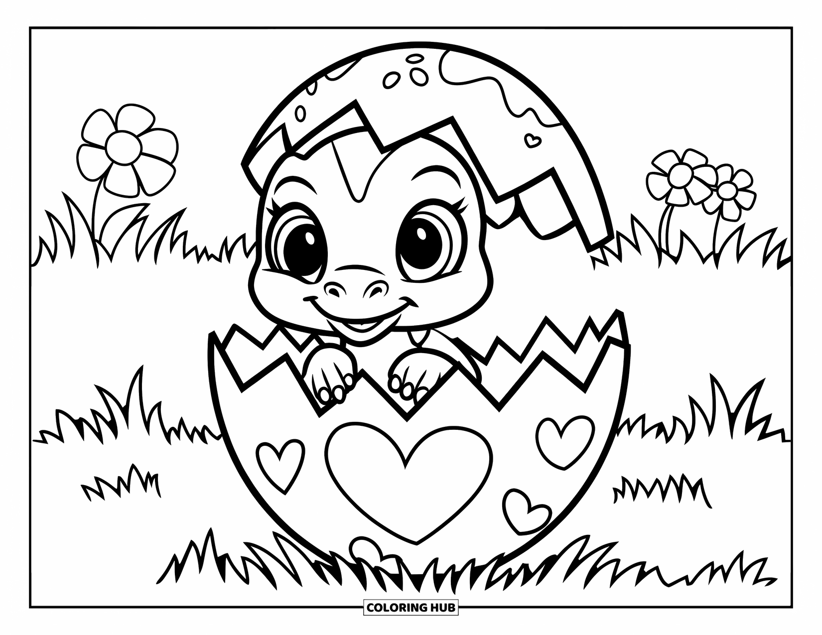 Dinosaur Valentines Coloring Page for Kids: A baby dino smiles inside a heart-decorated egg on green grass