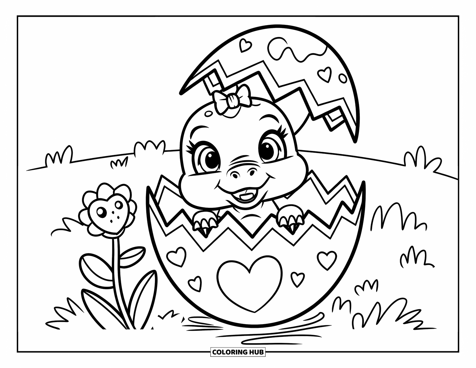 Dinosaur Valentines Coloring Page for Kids: A baby dino with a bow peeks from a heart-covered egg