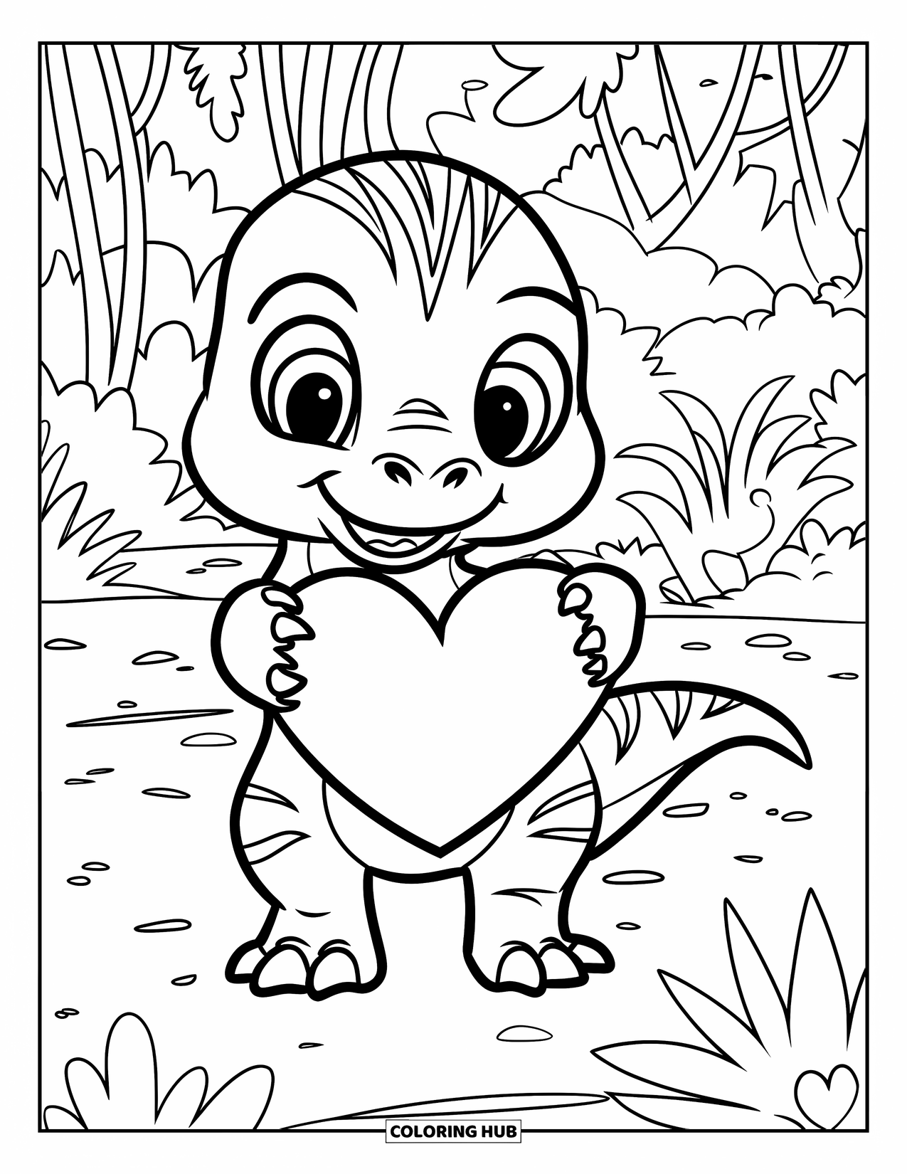 Dinosaur Valentines Coloring Page for Kids: A baby T-Rex hugs a big heart in a forest of love