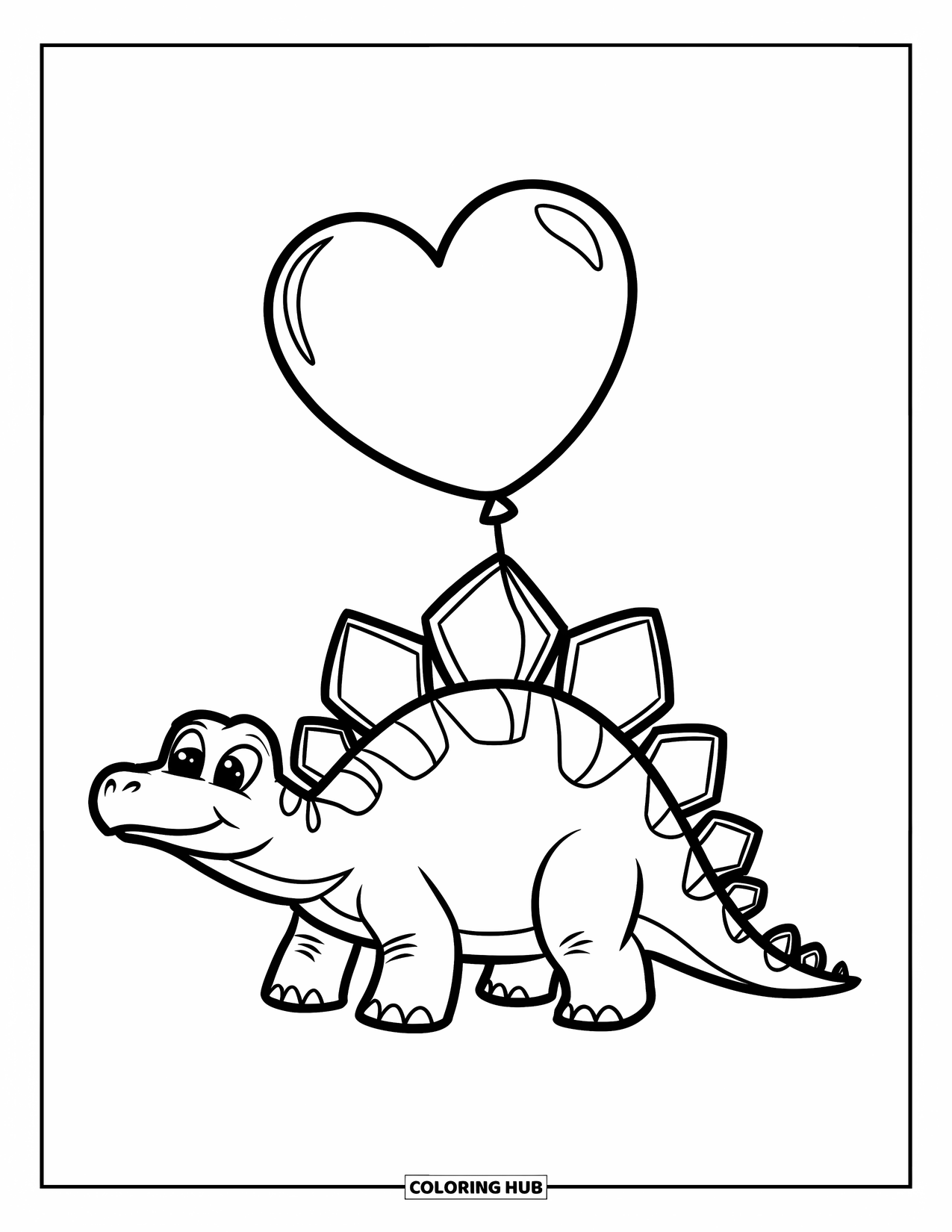 Dinosaur Valentines Coloring Page for Kids: A happy Stegosaurus carries a heart balloon on its back