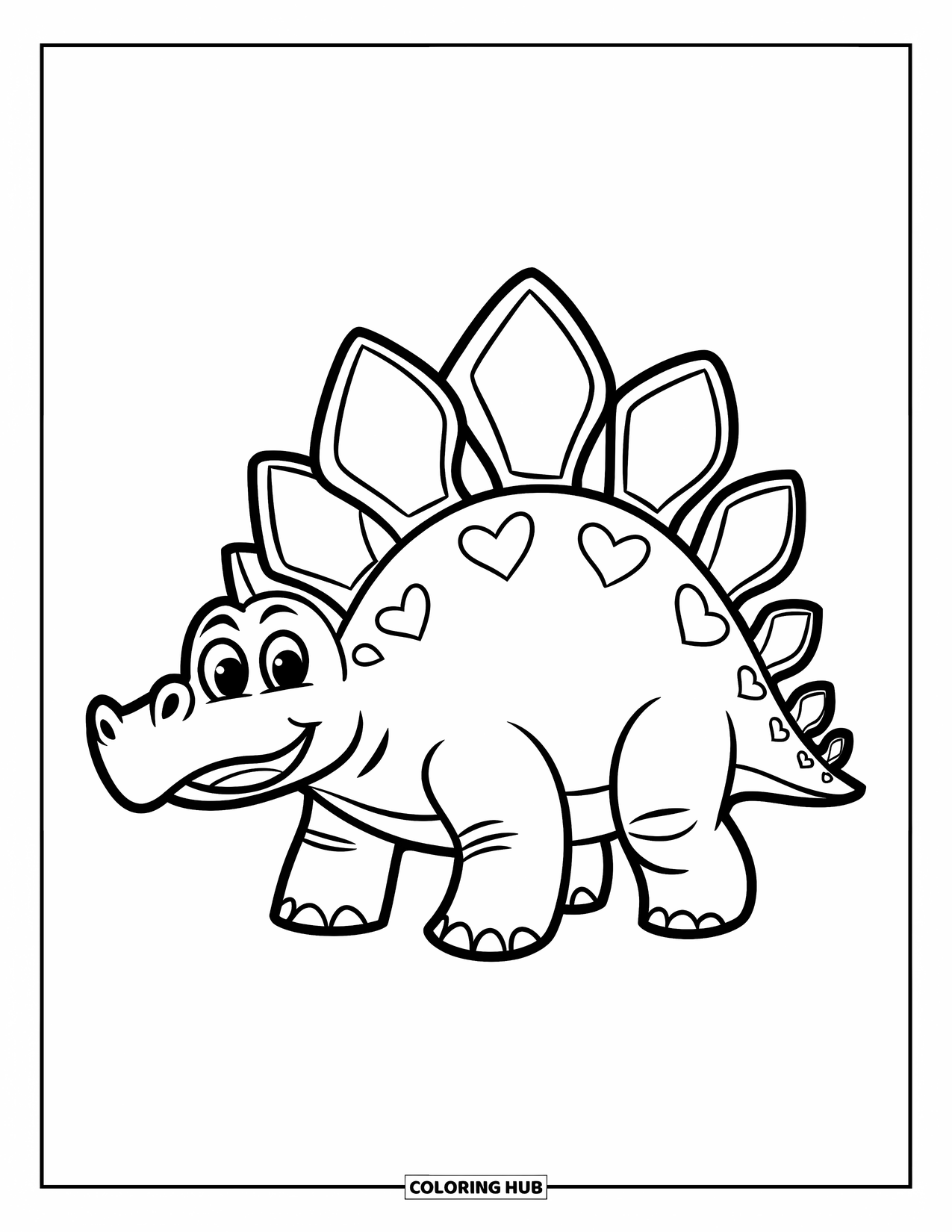 Dinosaur Valentines Coloring Page for Kids: A happy Stegosaurus shows its heart plates under a bright sky