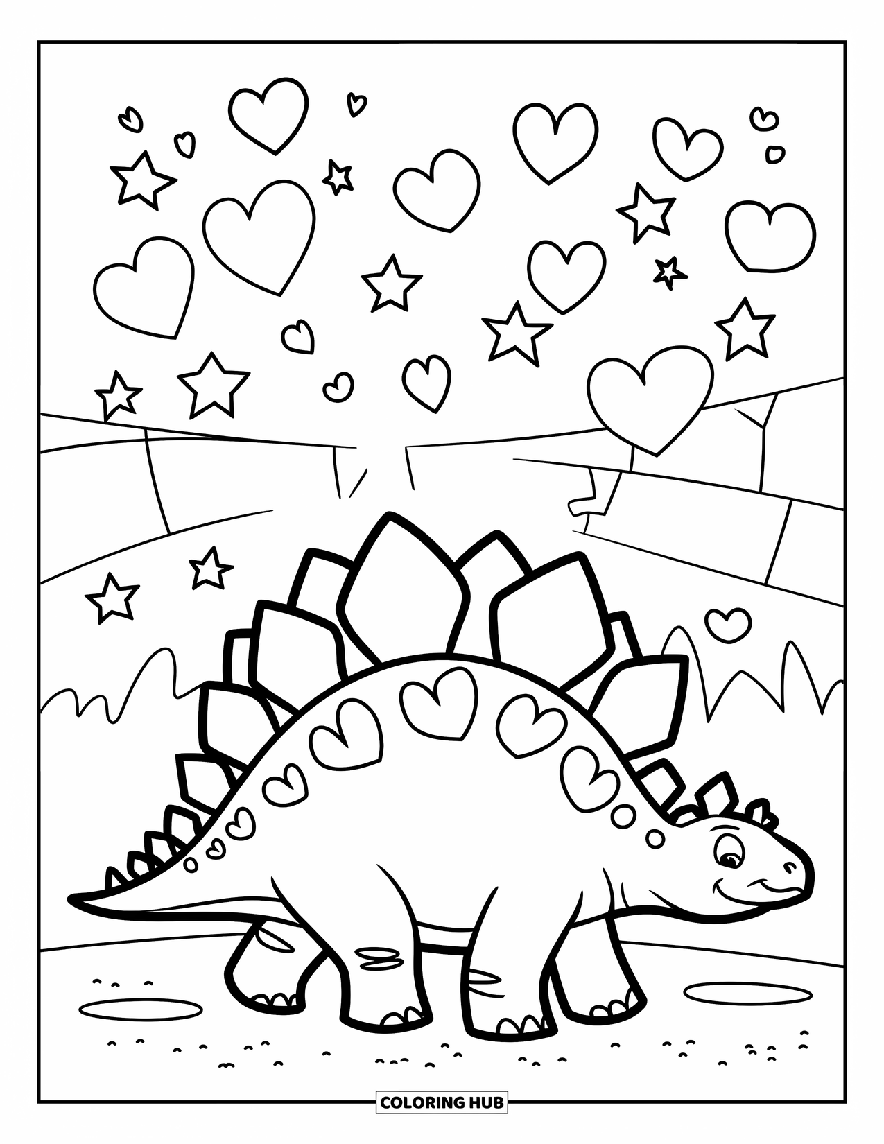 Dinosaur Valentines Coloring Page for Kids: A happy Stegosaurus strolls beneath hearts and stars in the sky