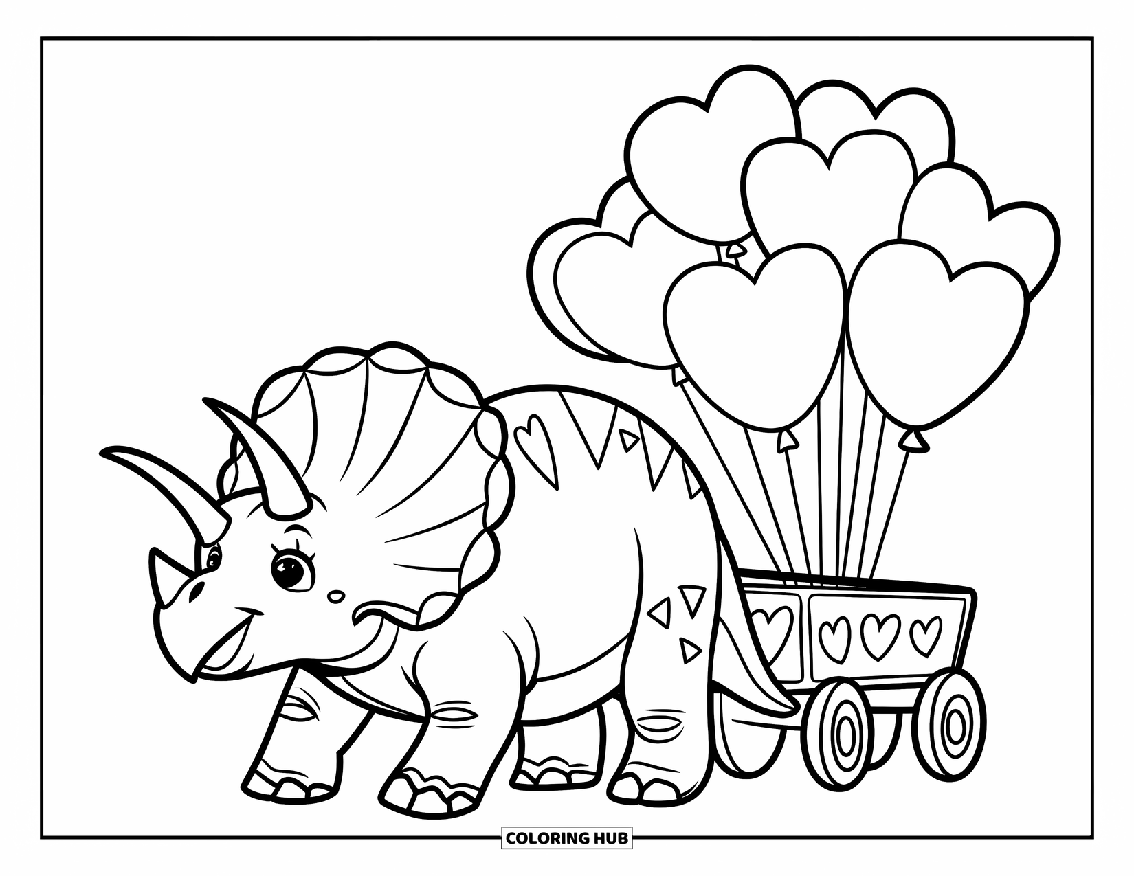 Dinosaur Valentines Coloring Page for Kids: A happy Triceratops pushes a heart balloon wagon through a field